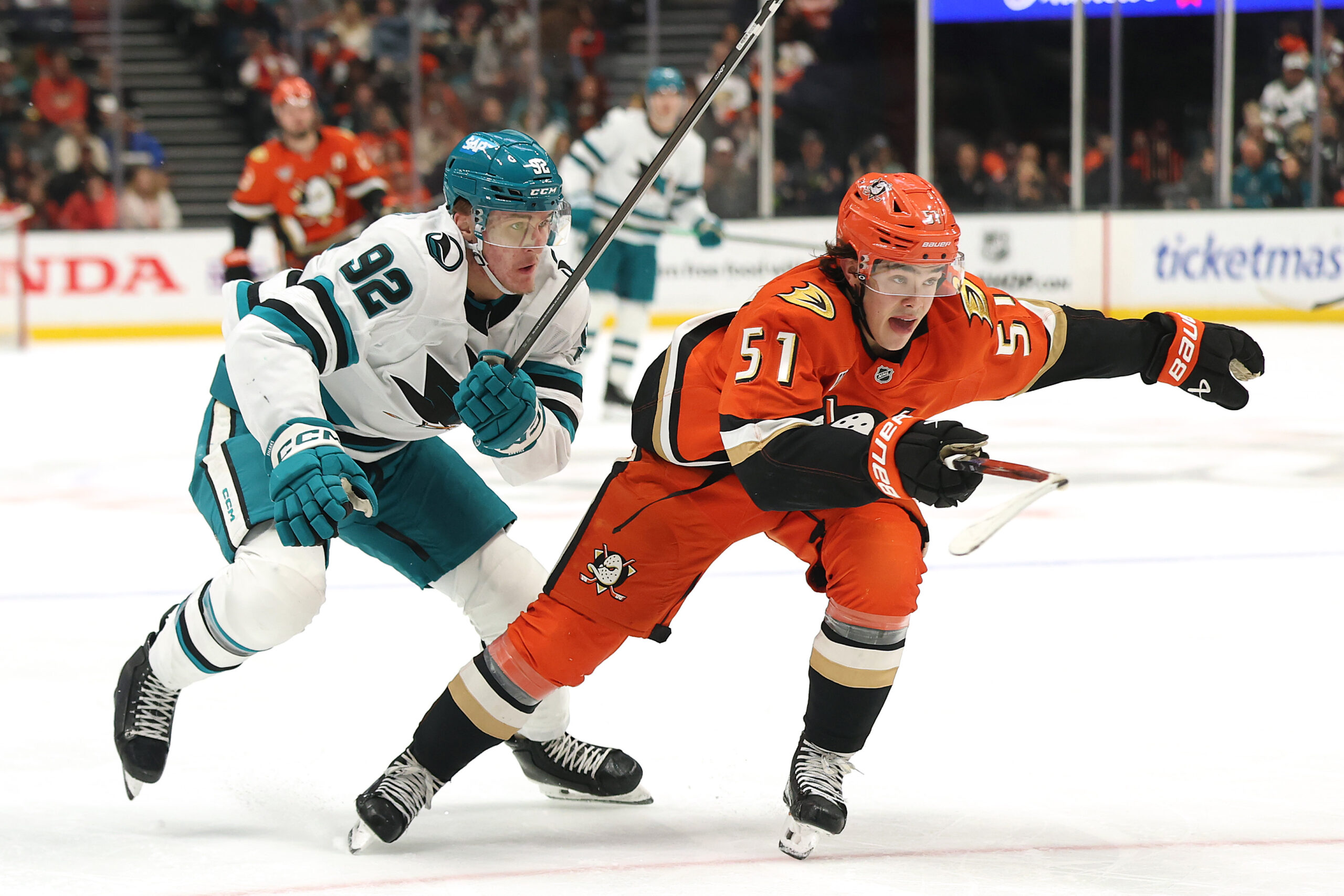 The Ducks’ Olen Zellweger, right, and Igor Chernyshov of the...