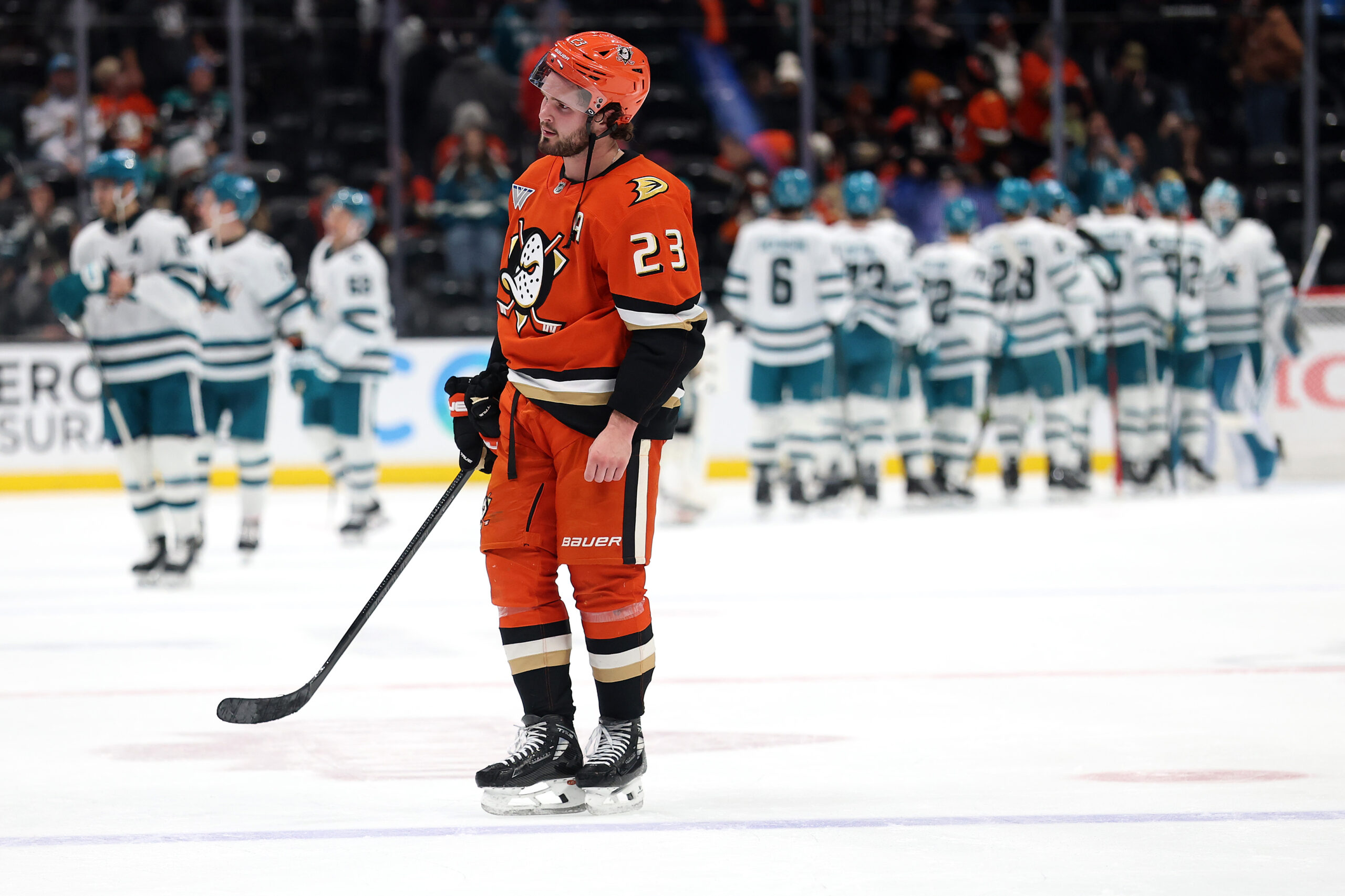 The Ducks’ Mason McTavish looks on after their 5-4 loss...