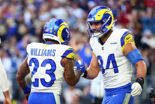 Dec 7, 2025; Glendale, Arizona, USA; Los Angeles Rams running back Kyren Williams (23) reacts with tight end Colby Parkinson (84) after scoring a touchdown during the first half at State Farm Stadium. Mandatory Credit: Mark J. Rebilas-Imagn Images Kyren Williams, Colby Parkinson, Rams, Cardinals