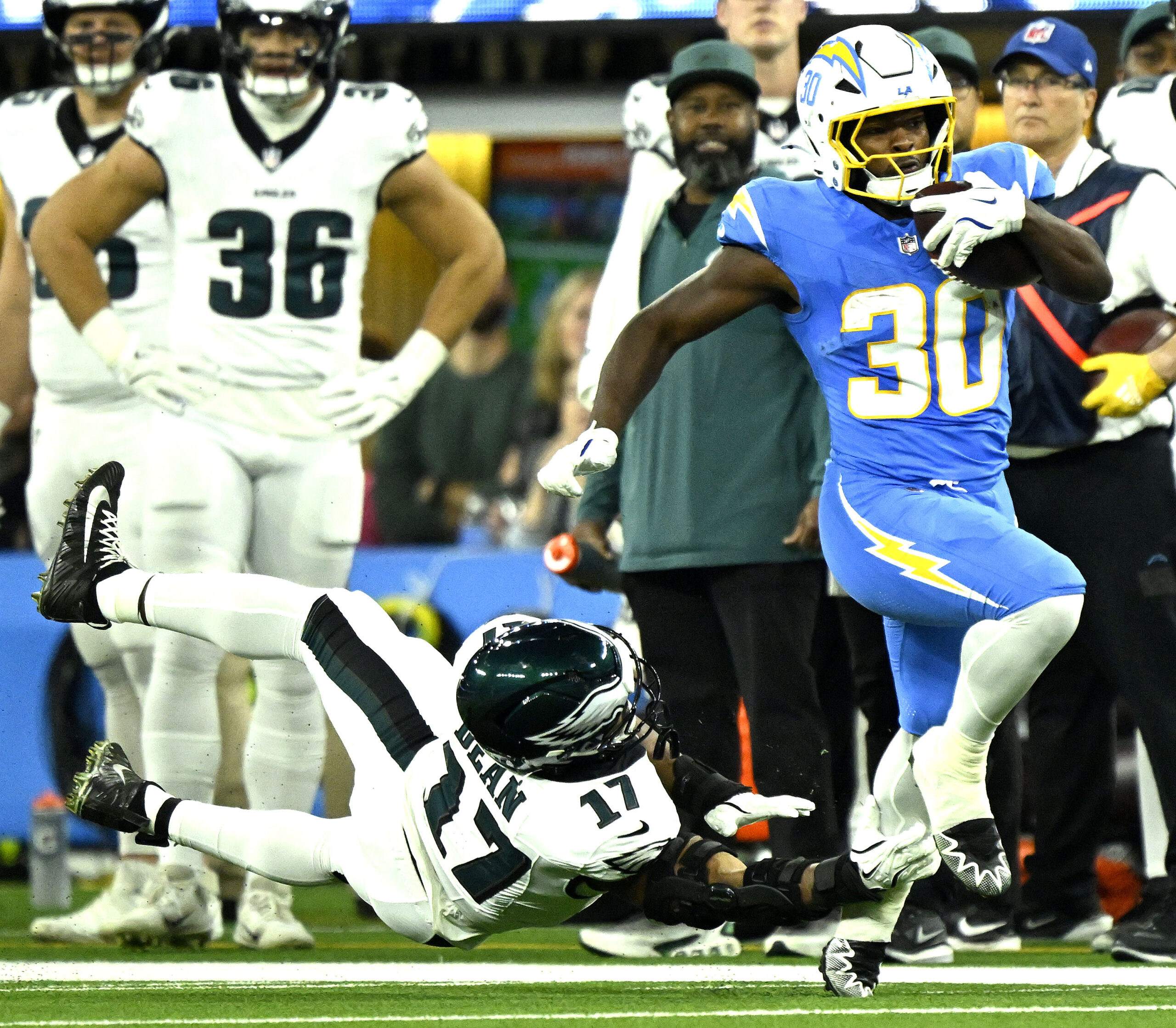 Chargers running back Kimani Vidal breaks away from Philadelphia Eagles...