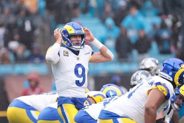 Nov 30, 2025; Charlotte, North Carolina, USA; Los Angeles Rams quarterback Matthew Stafford (9) calls a play during the fourth quarter against the Carolina Panthers at Bank of America Stadium. Mandatory Credit: Scott Kinser-Imagn Images Matthew Stafford, Rams, Panthers