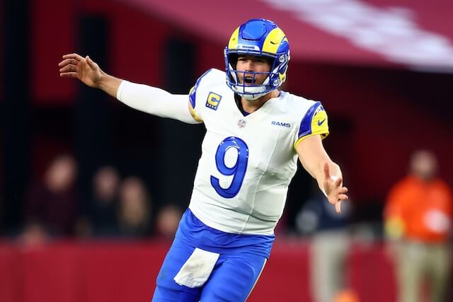 Dec 7, 2025; Glendale, Arizona, USA; Los Angeles Rams quarterback Matthew Stafford (9) reacts against the Arizona Cardinals during the second half at State Farm Stadium. Mandatory Credit: Mark J. Rebilas-Imagn Images Matthew Stafford, Rams