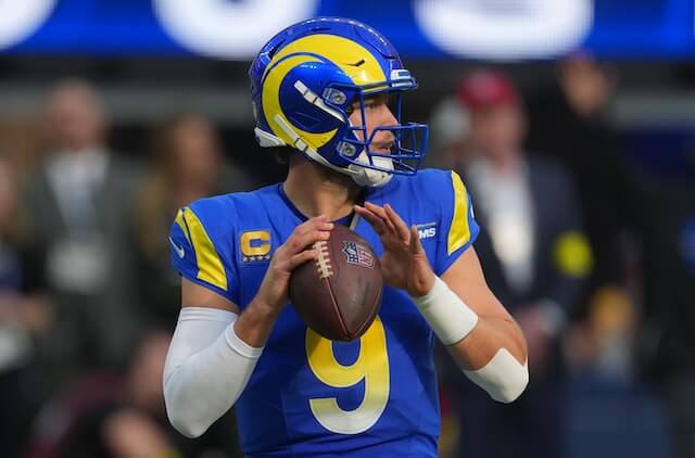 Dec 14, 2025; Inglewood, California, USA; Los Angeles Rams quarterback Matthew Stafford (9) throws a pass during the first quarter against the Detroit Lions at SoFi Stadium. Mandatory Credit: Kirby Lee-Imagn Images Matthew Stafford, Rams