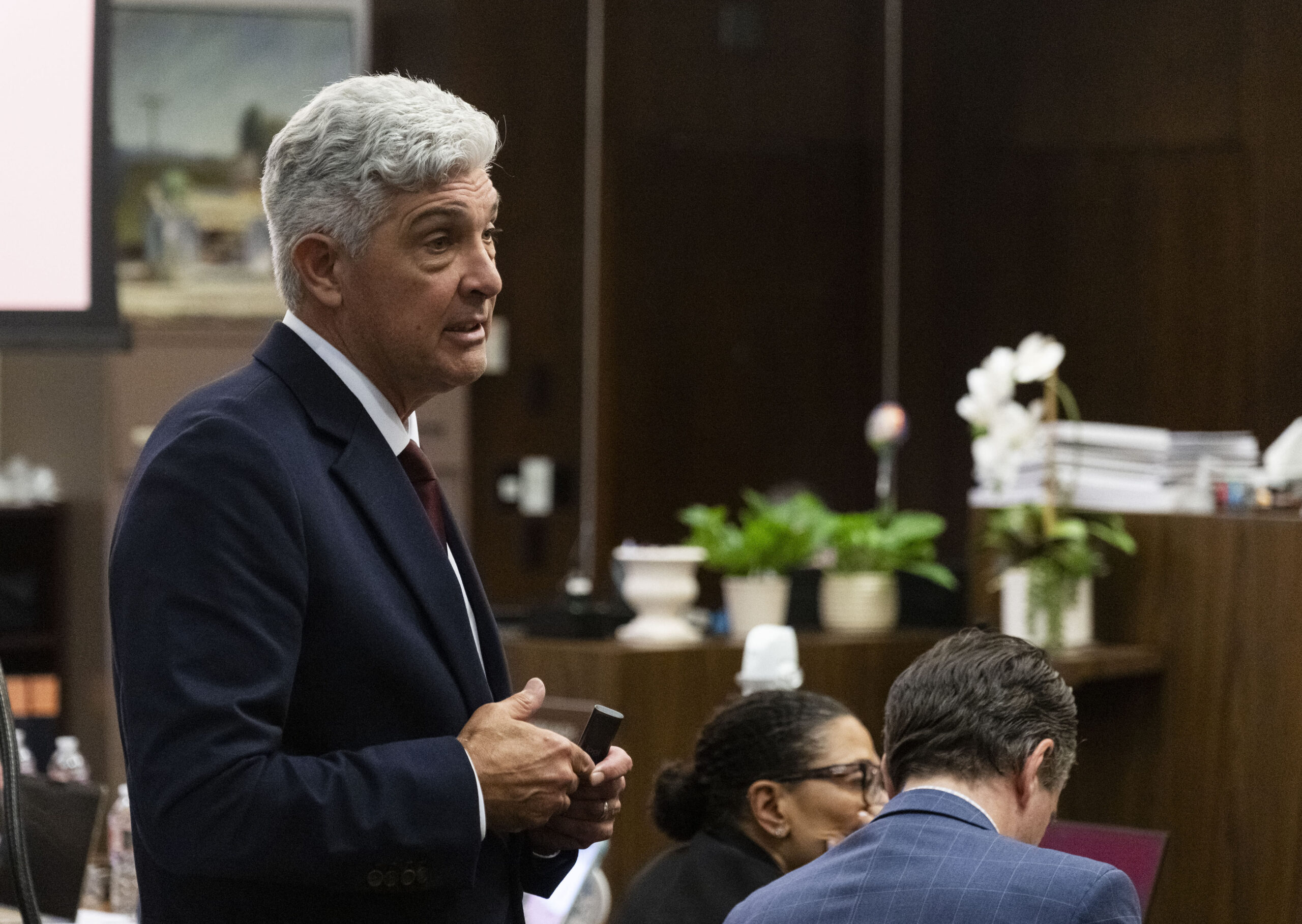 Angel attorney Todd Theodora gives his closing arguments on Monday,...