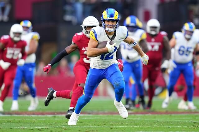 Dec 7, 2025; Glendale, Arizona, USA; Los Angeles Rams wide receiver Puka Nacua (12) makes a catch against the Arizona Cardinals during the first half at State Farm Stadium. Mandatory Credit: Joe Camporeale-Imagn Images Puka Nacua, Rams, Cardinals