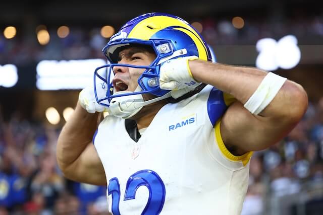 Dec 7, 2025; Glendale, Arizona, USA; Los Angeles Rams wide receiver Puka Nacua (12) reacts after scoring a touchdown against the Arizona Cardinals during the second half at State Farm Stadium. Mandatory Credit: Mark J. Rebilas-Imagn Images Puka Nacua, Rams