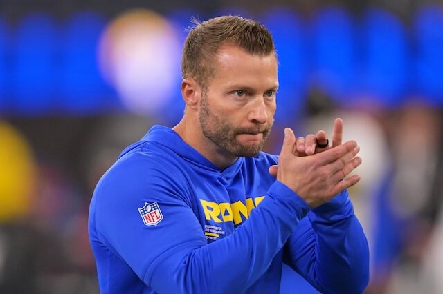 Nov 23, 2025; Inglewood, California, USA; Los Angeles Rams head coach Sean McVay looks on during warmups before the game against the Tampa Bay Buccaneers at SoFi Stadium. Mandatory Credit: Jayne Kamin-Oncea-Imagn Images Sean McVay, Rams