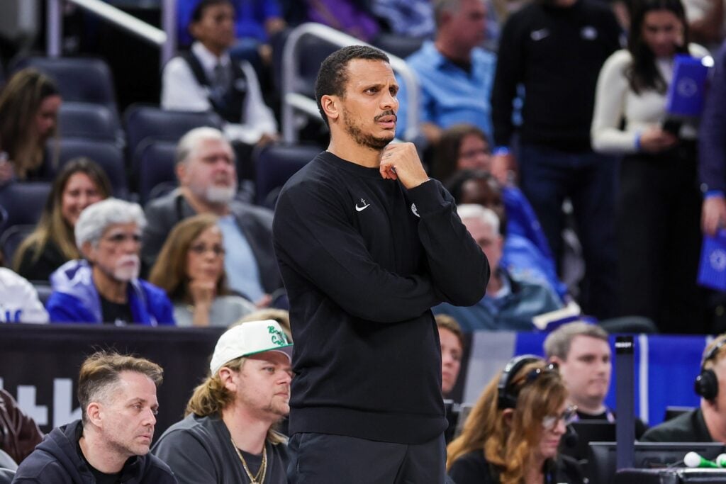 Nov 9, 2025; Orlando, Florida, USA; Boston Celtics head coach Joe Mazzulla looks on during the second quarter against the Orlando Magic at Kia Center. Mandatory Credit: Mike Watters-Imagn Images