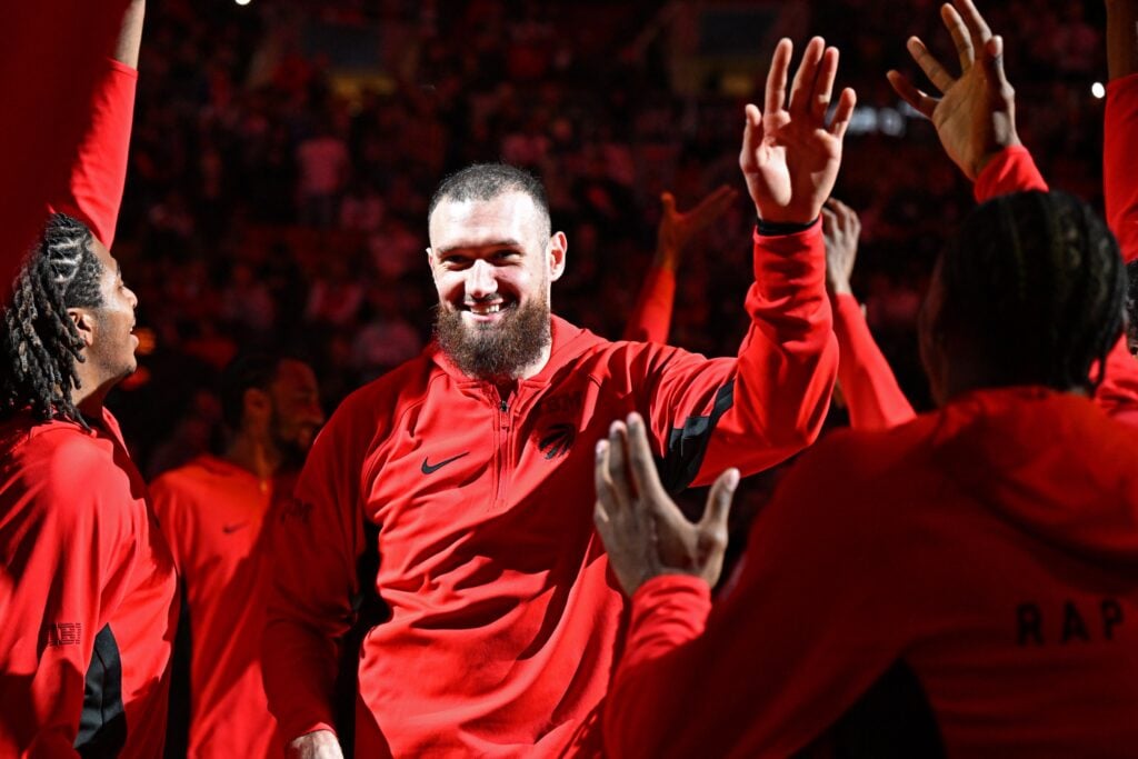 Nov 23, 2025; Toronto, Ontario, CAN; Toronto Raptors center Sandro Mamukelashvili (54) during player introductions befor playing the Brooklyn Nets at Scotiabank Arena. Mandatory Credit: Dan Hamilton-Imagn Images