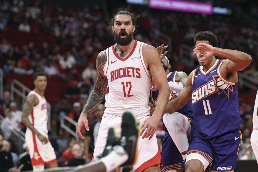 Houston Rockets center Steven Adams (12) reacts after a play during the fourth quarter against the Phoenix Suns at Toyota Center.