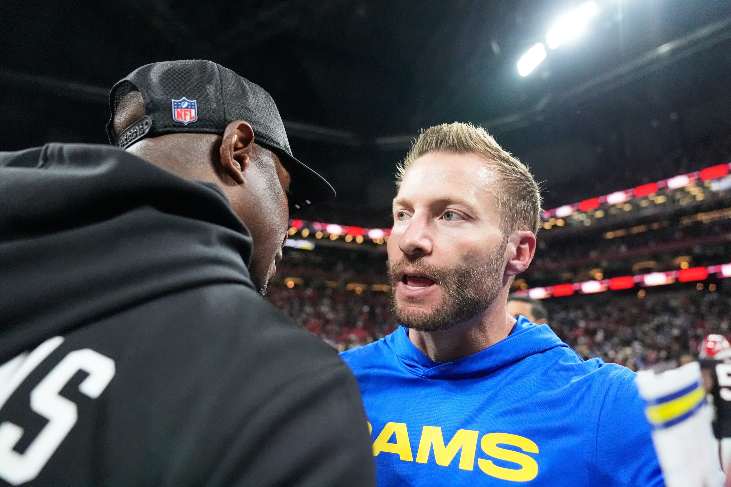 Rams head coach Sean McVay, right, greets Atlanta Falcons head...