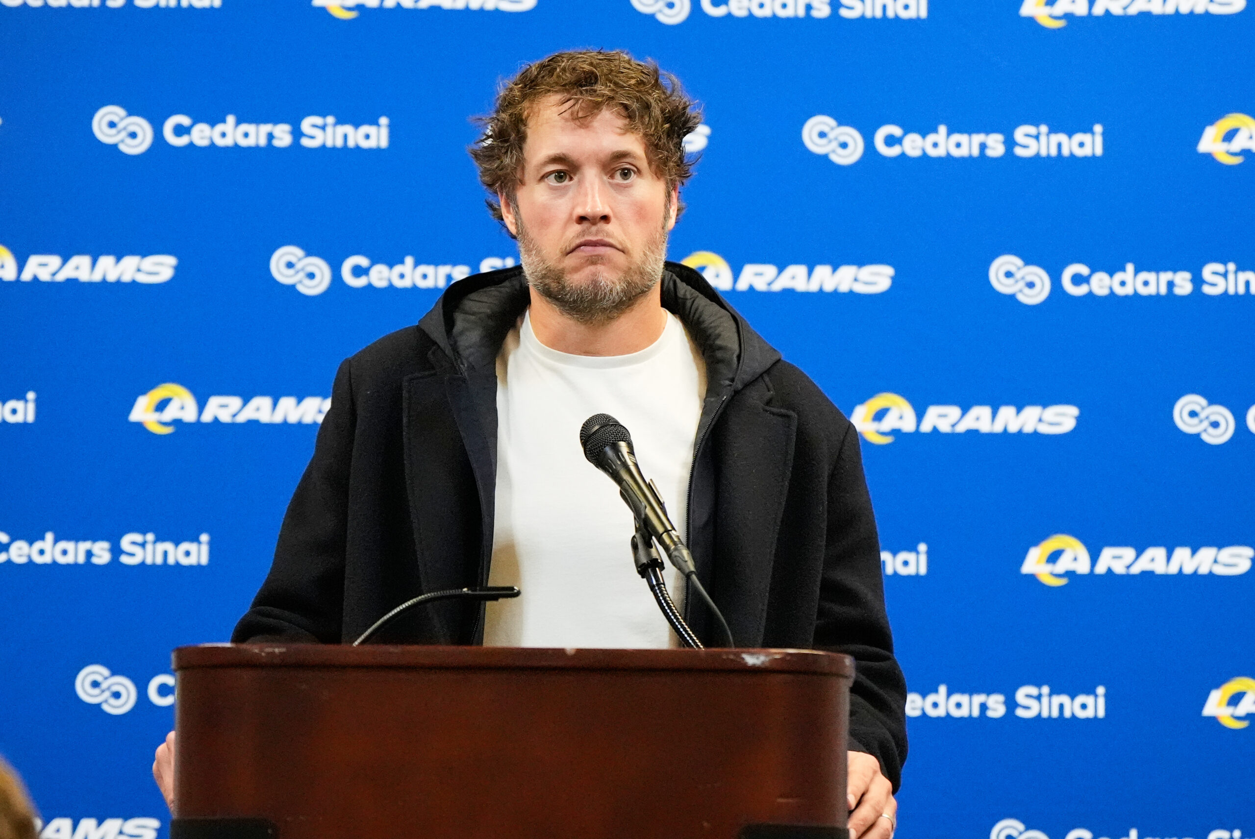 Rams quarterback Matthew Stafford talks to reporters after an NFL...