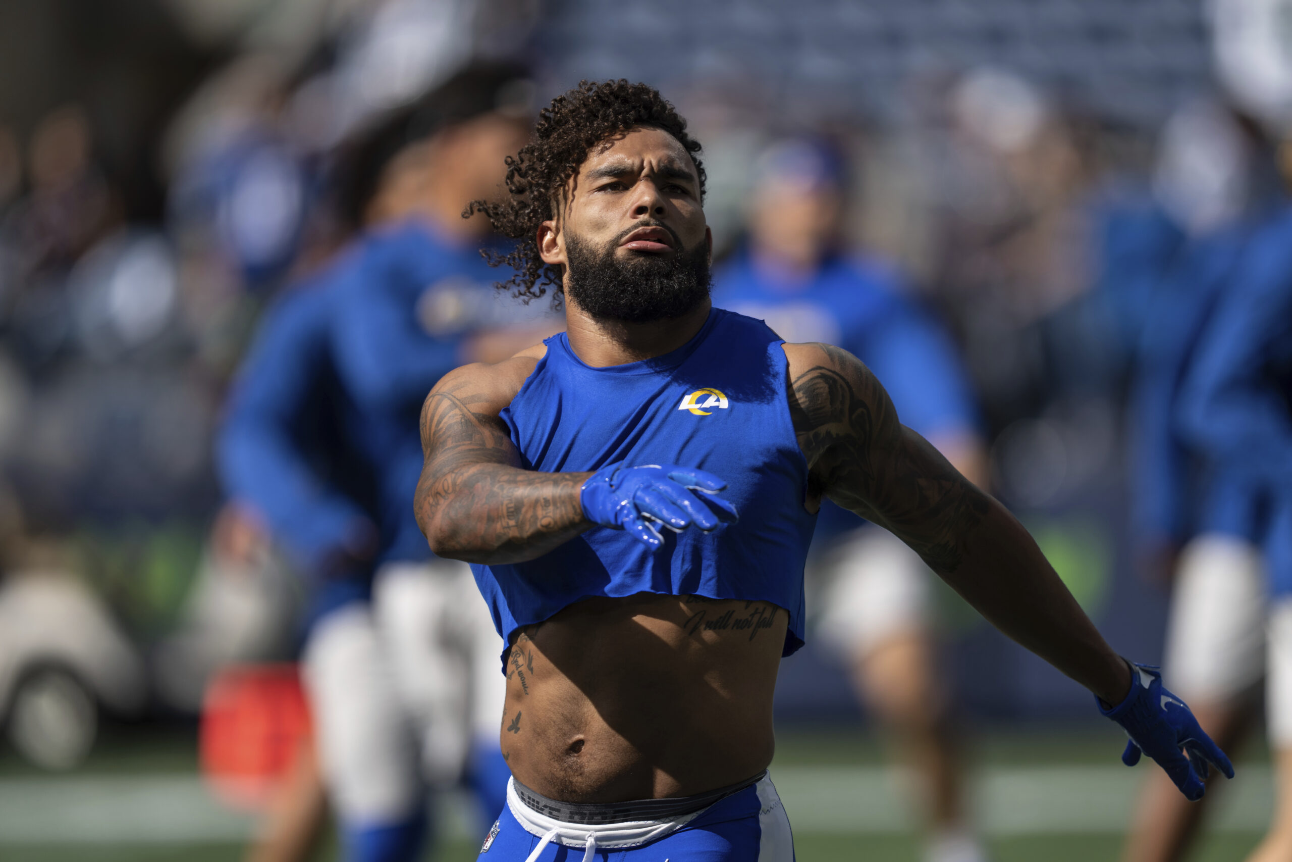 Rams running back Kyren Williams warmsup before an NFL football...