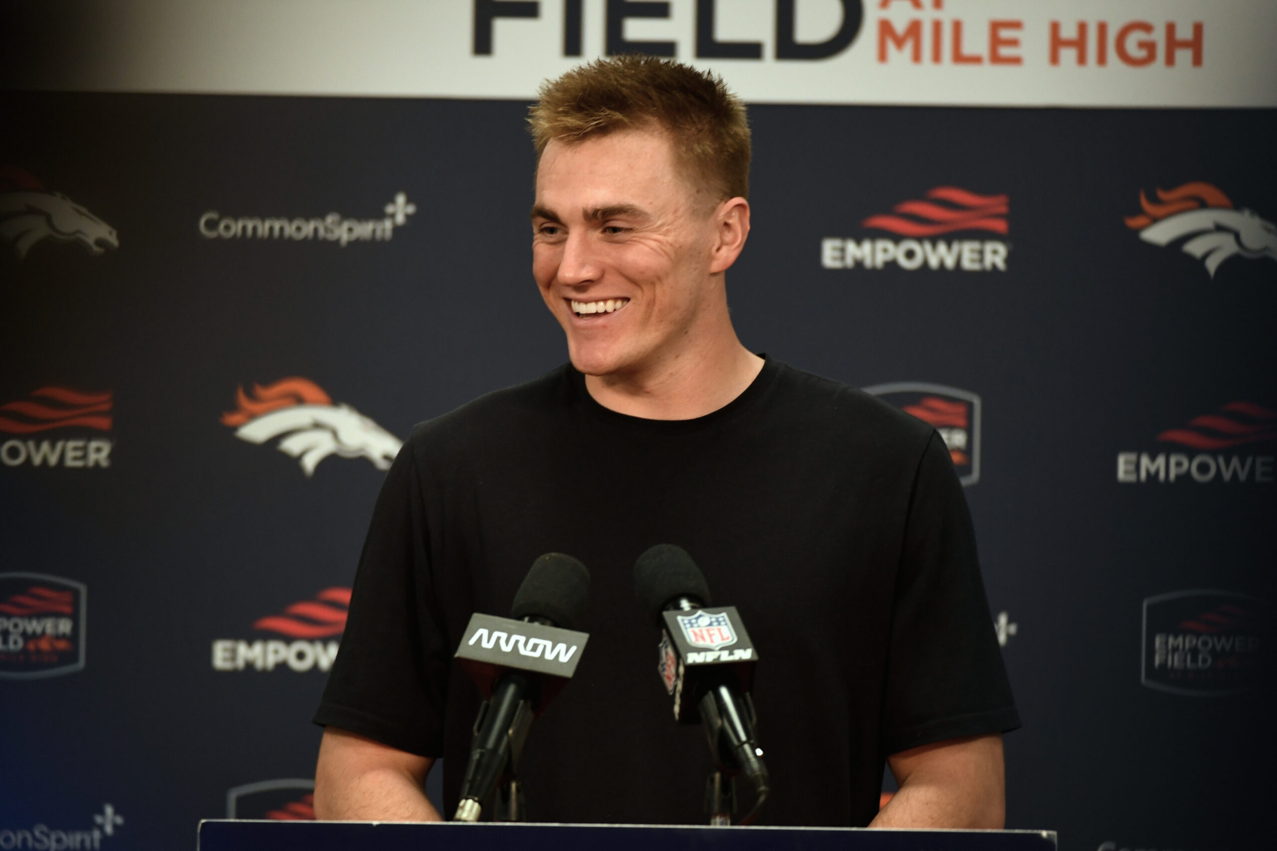Denver Broncos quarterback Bo Nix responds to a question during...