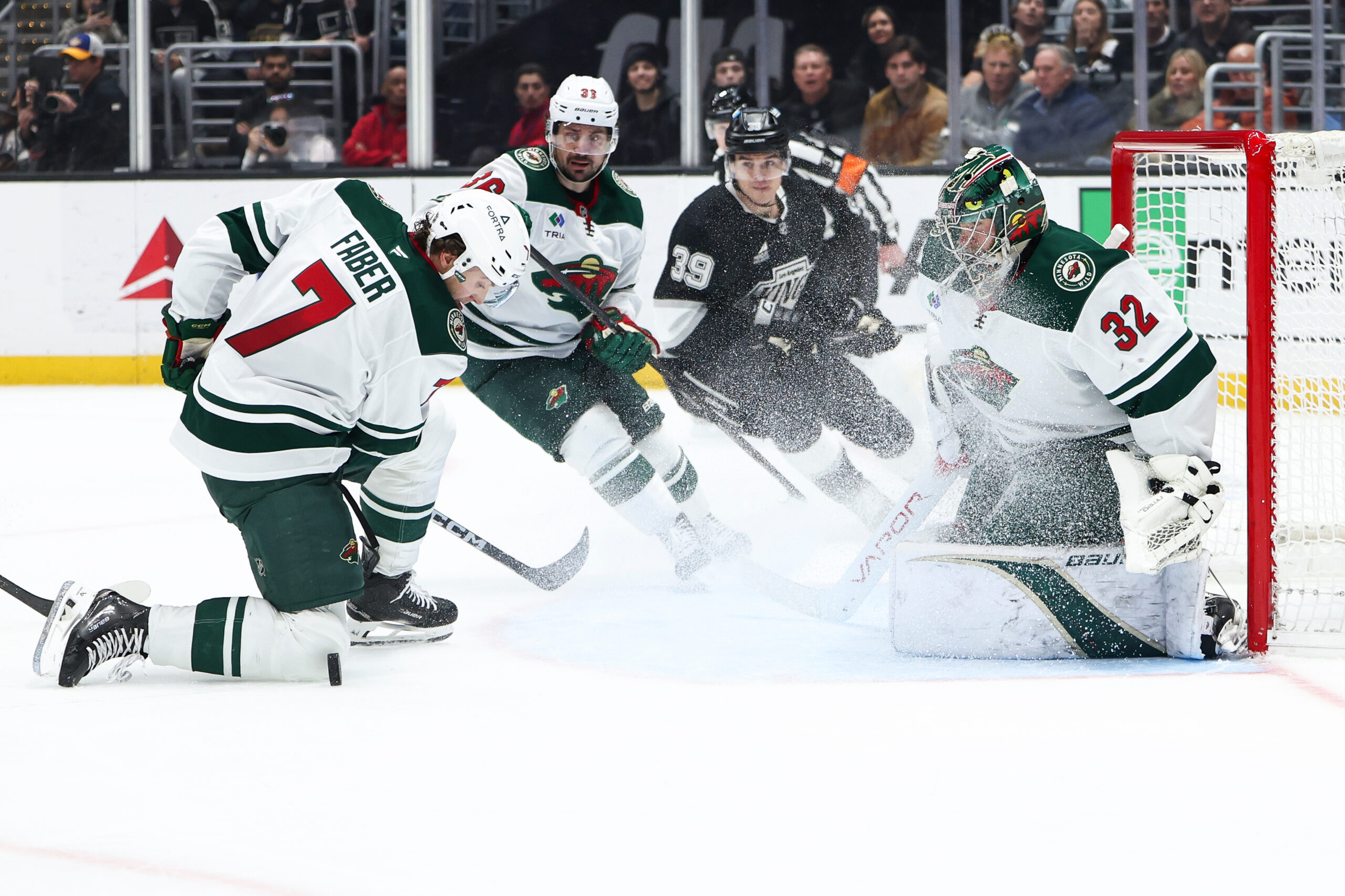 Minnesota Wild goaltender Filip Gustavsson (32) watches after making a...