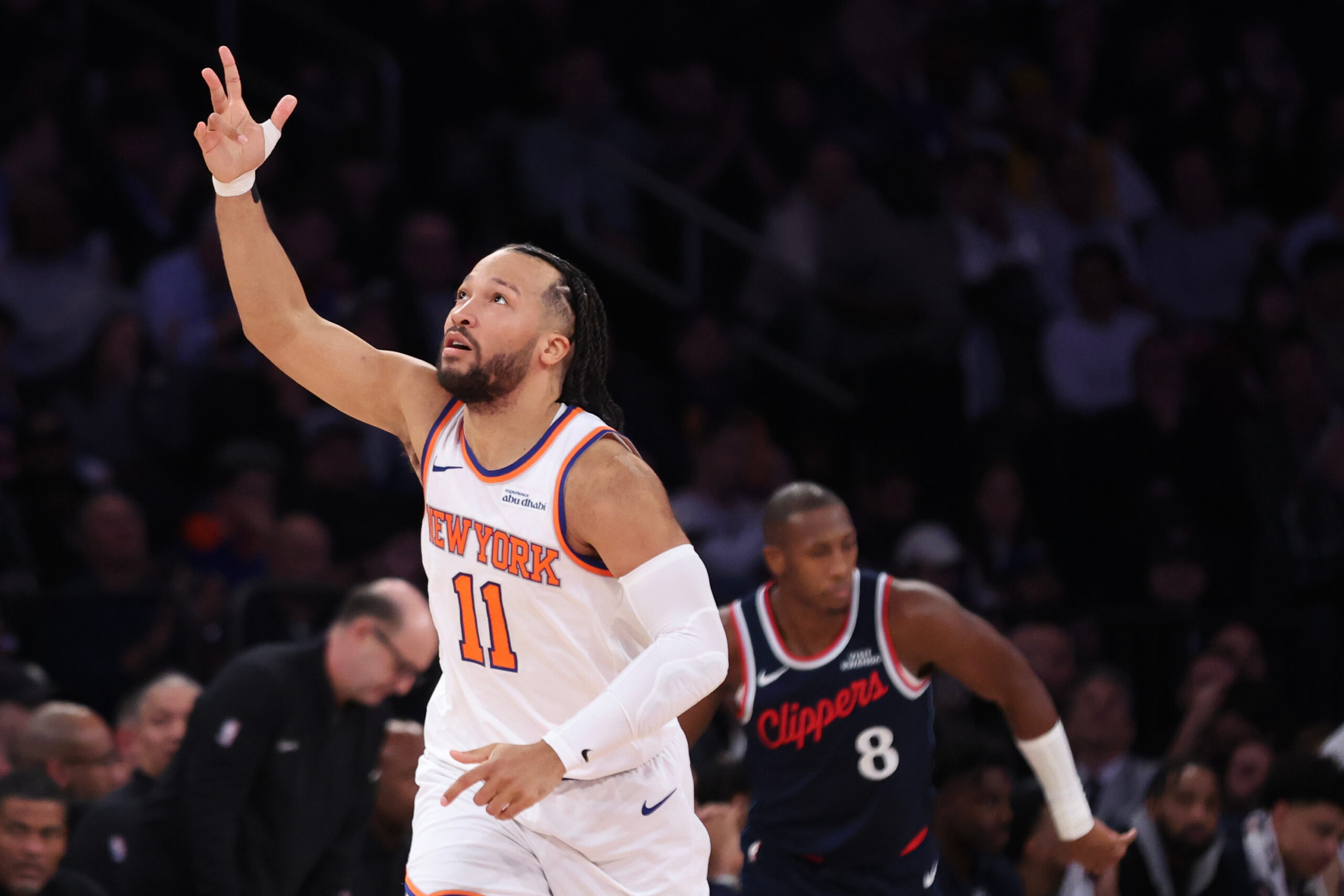 New York Knicks guard Jalen Brunson gestures after making a...