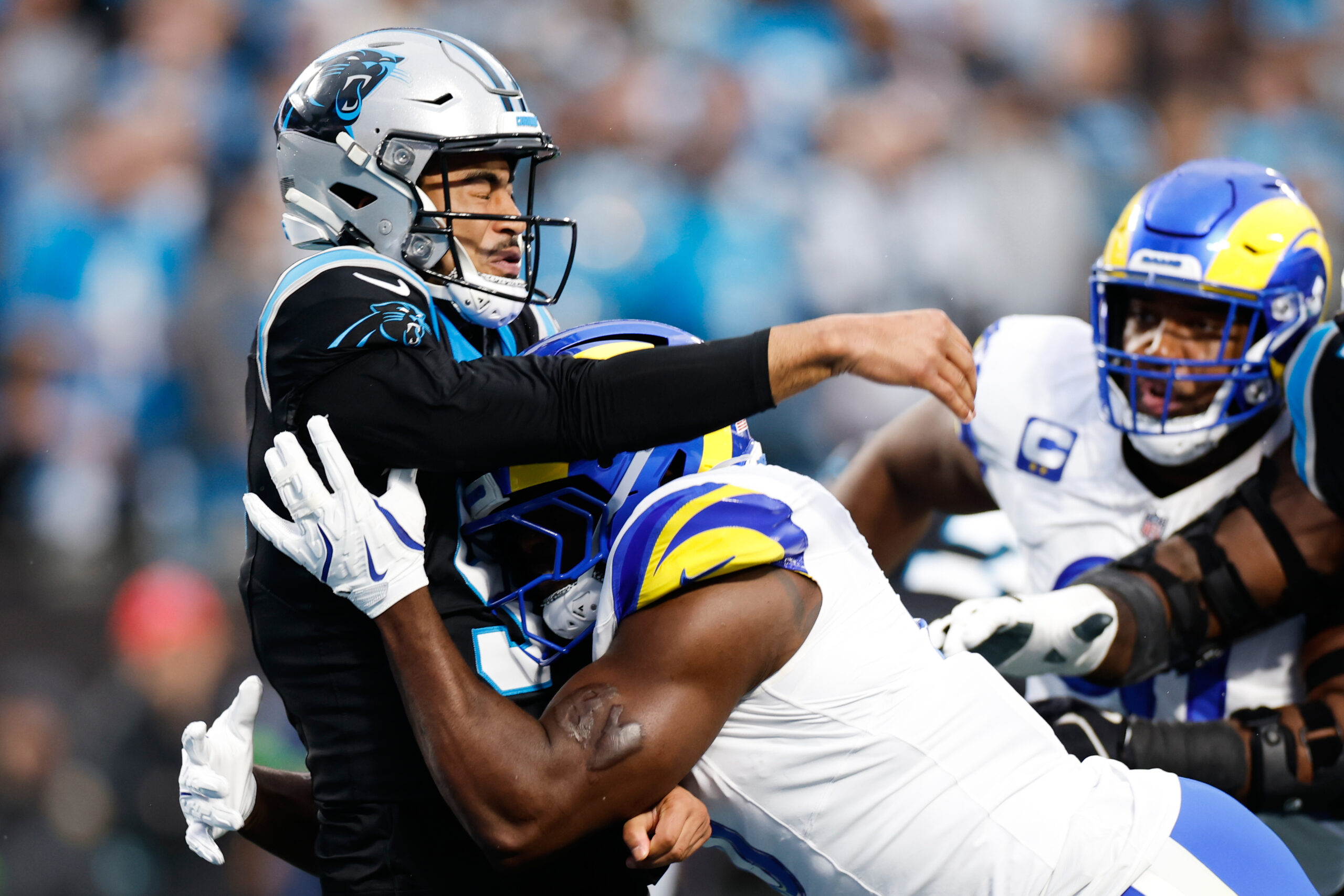Carolina Panthers quarterback Bryce Young is pressured by Rams linebacker...