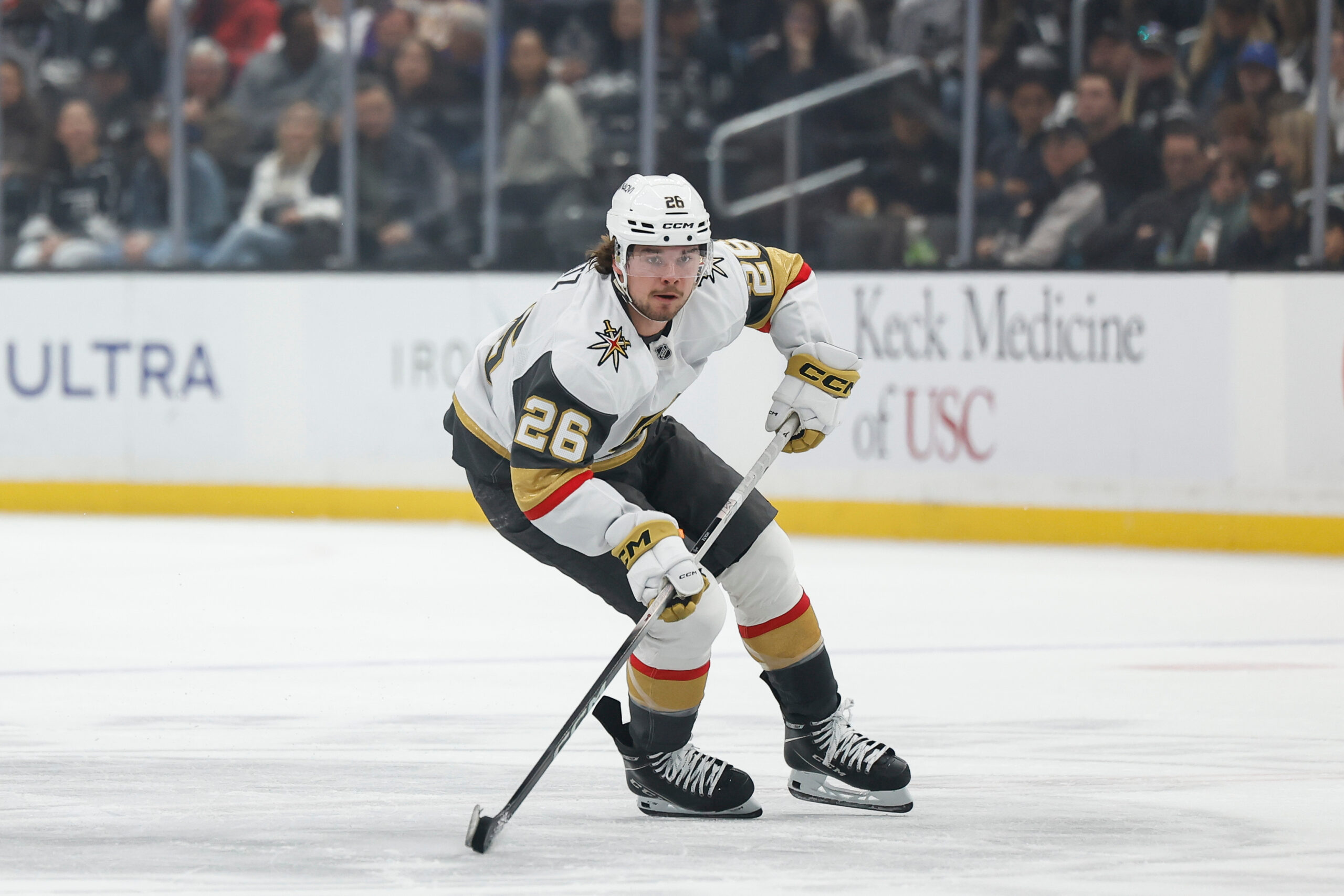 Vegas Golden Knights right wing Alexander Holtz skates with the...