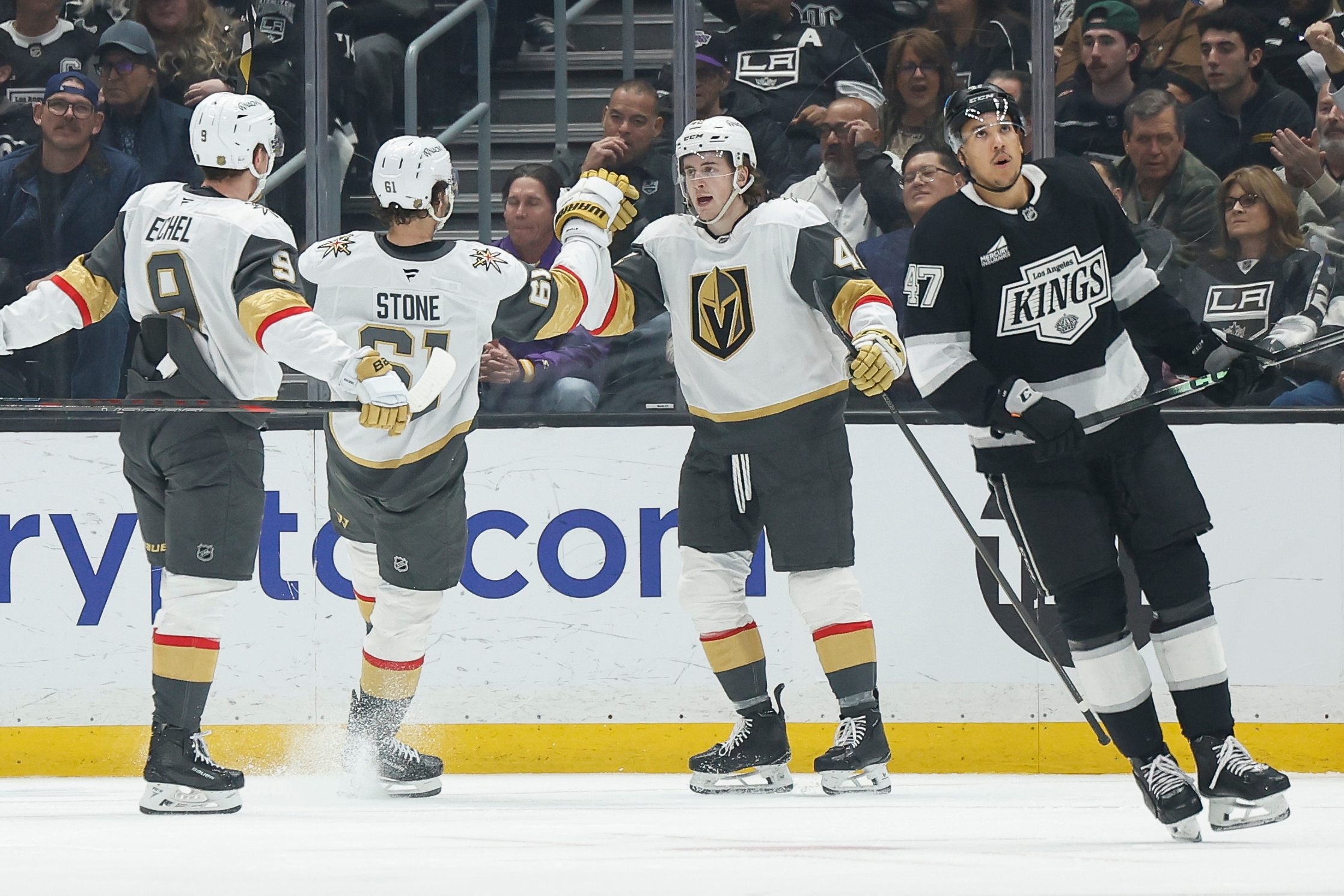 Vegas Golden Knights right wing Braeden Bowman (42) is greeted...