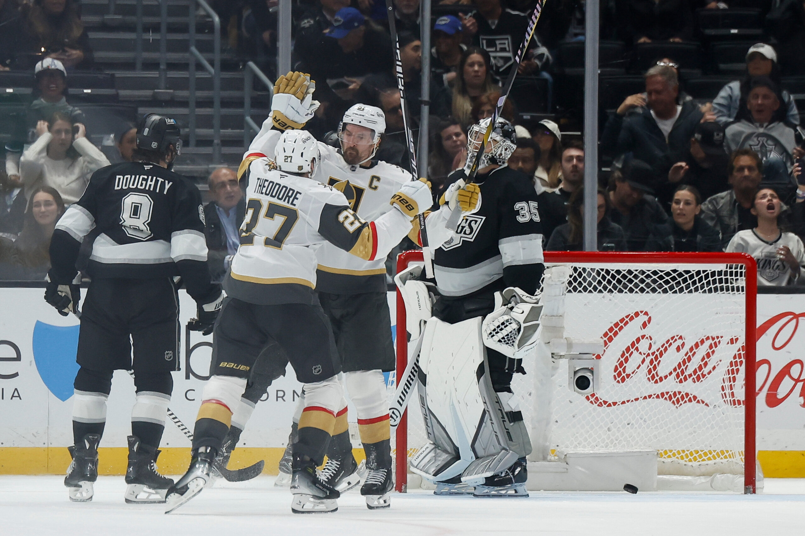 Vegas Golden Knights right wing Mark Stone (61) is greeted...