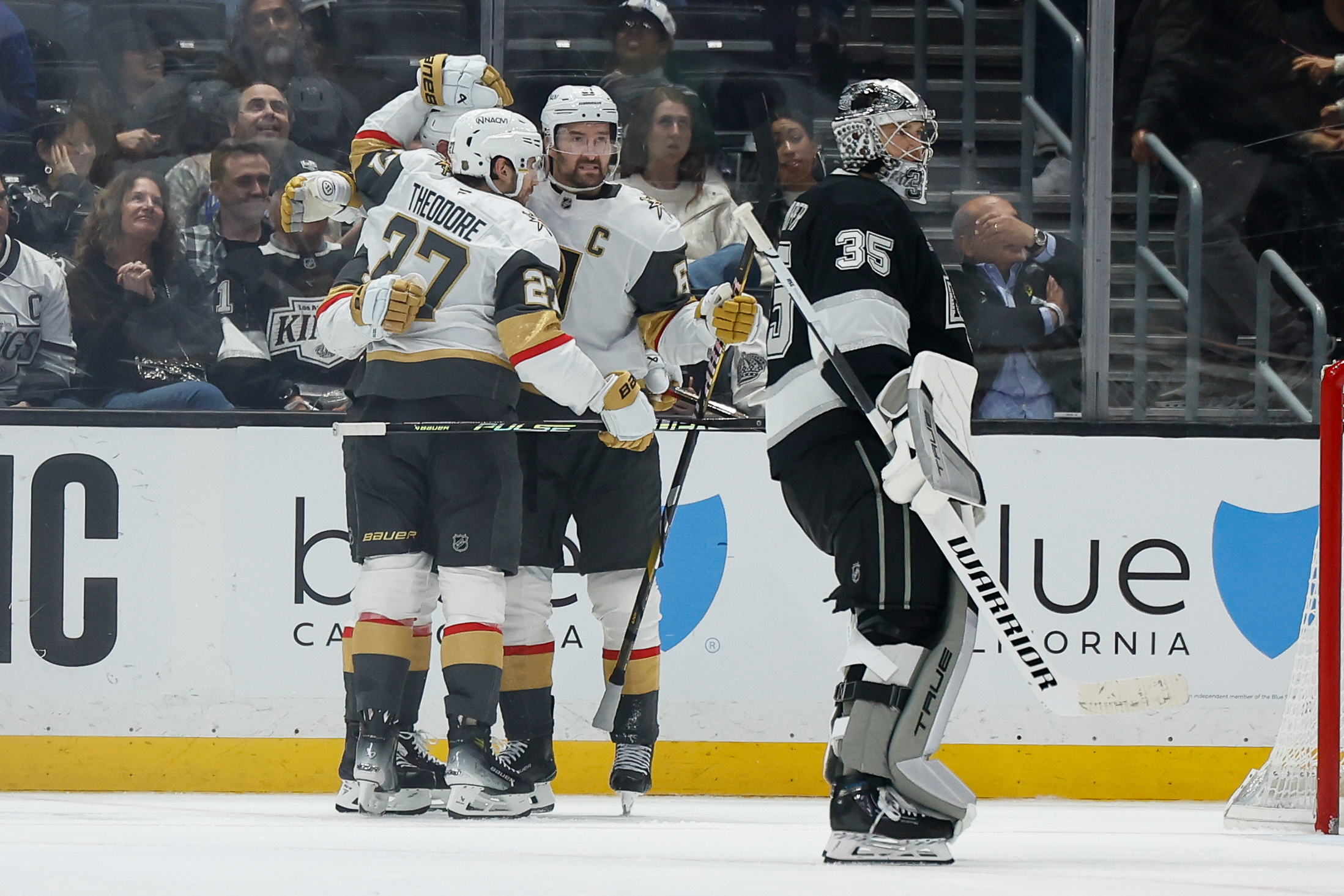 Vegas Golden Knights right wing Mark Stone (61) is greeted...