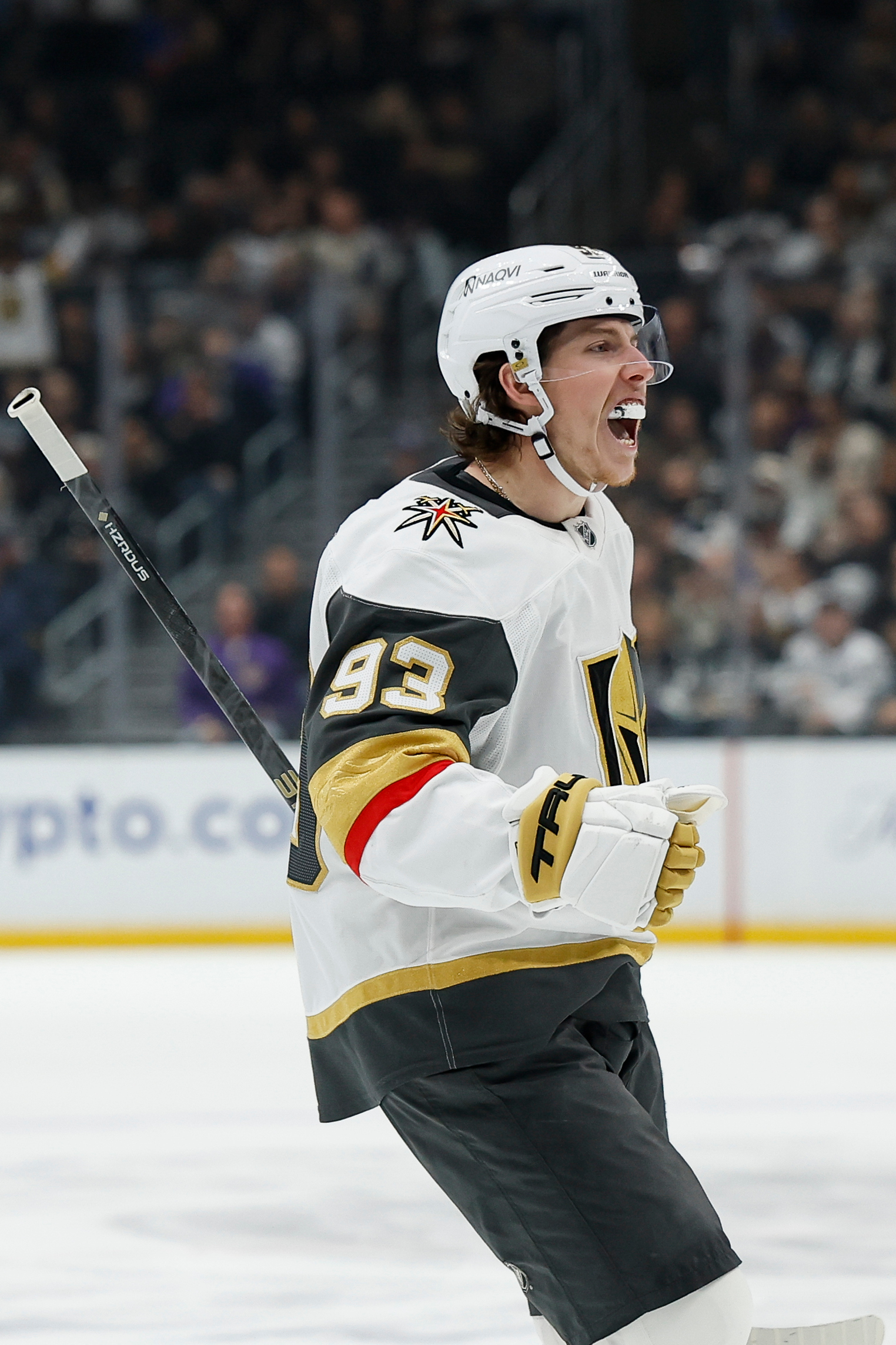 Vegas Golden Knights right wing Mitch Marner reacts after scoring...
