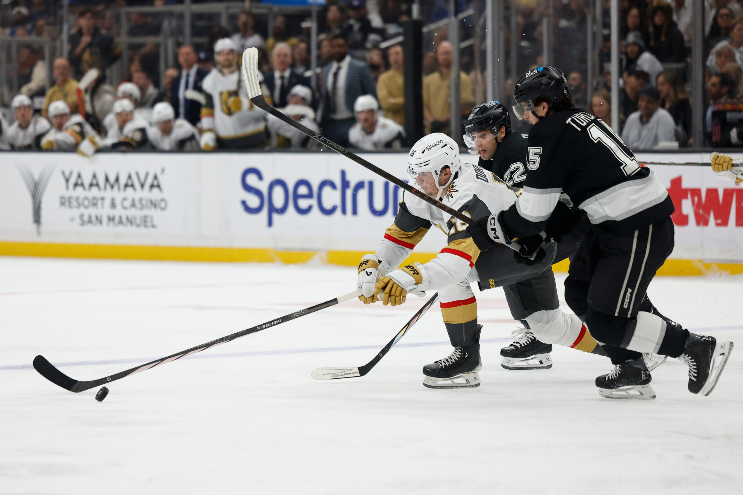 Vegas Golden Knights right wing Pavel Dorofeyev (16) reaches for...