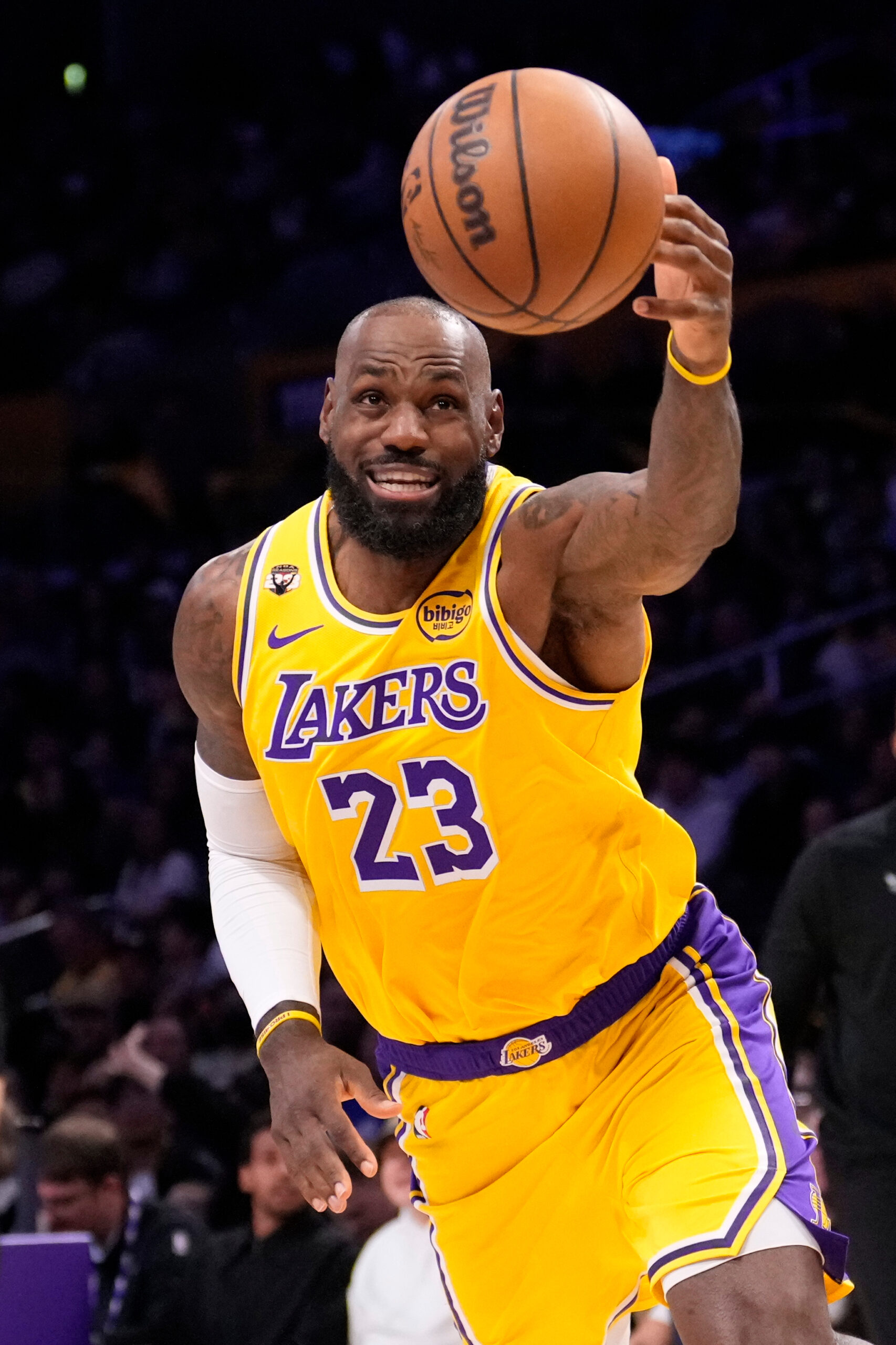 Lakers forward LeBron James catches a pass during the first...