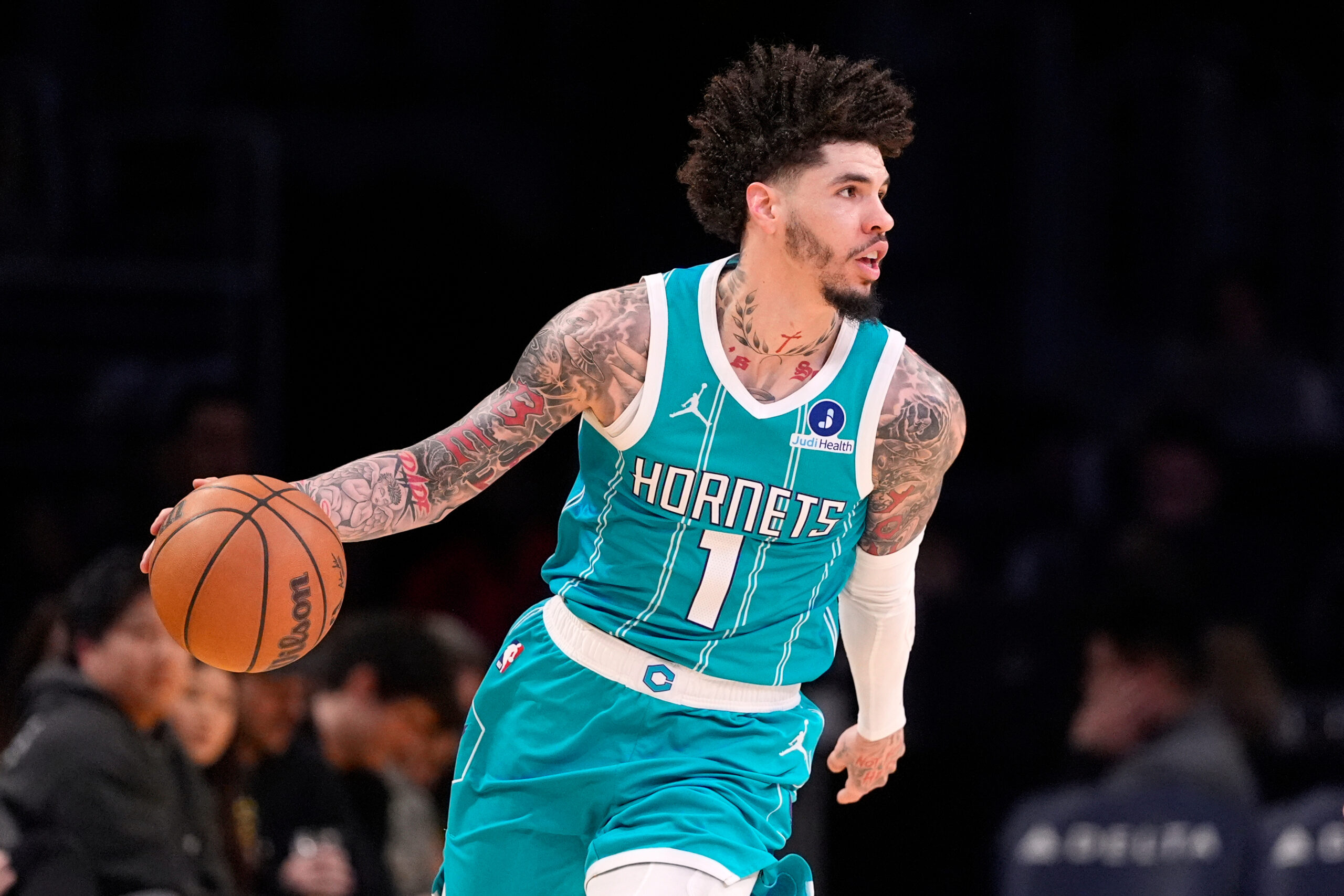 Charlotte Hornets guard LaMelo Ball dribbles during the second half...
