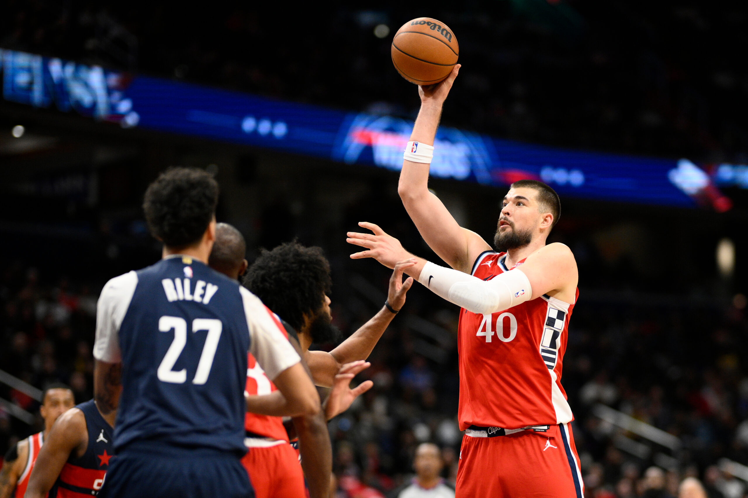 Clippers center Ivica Zubac looks to shoot during the first...