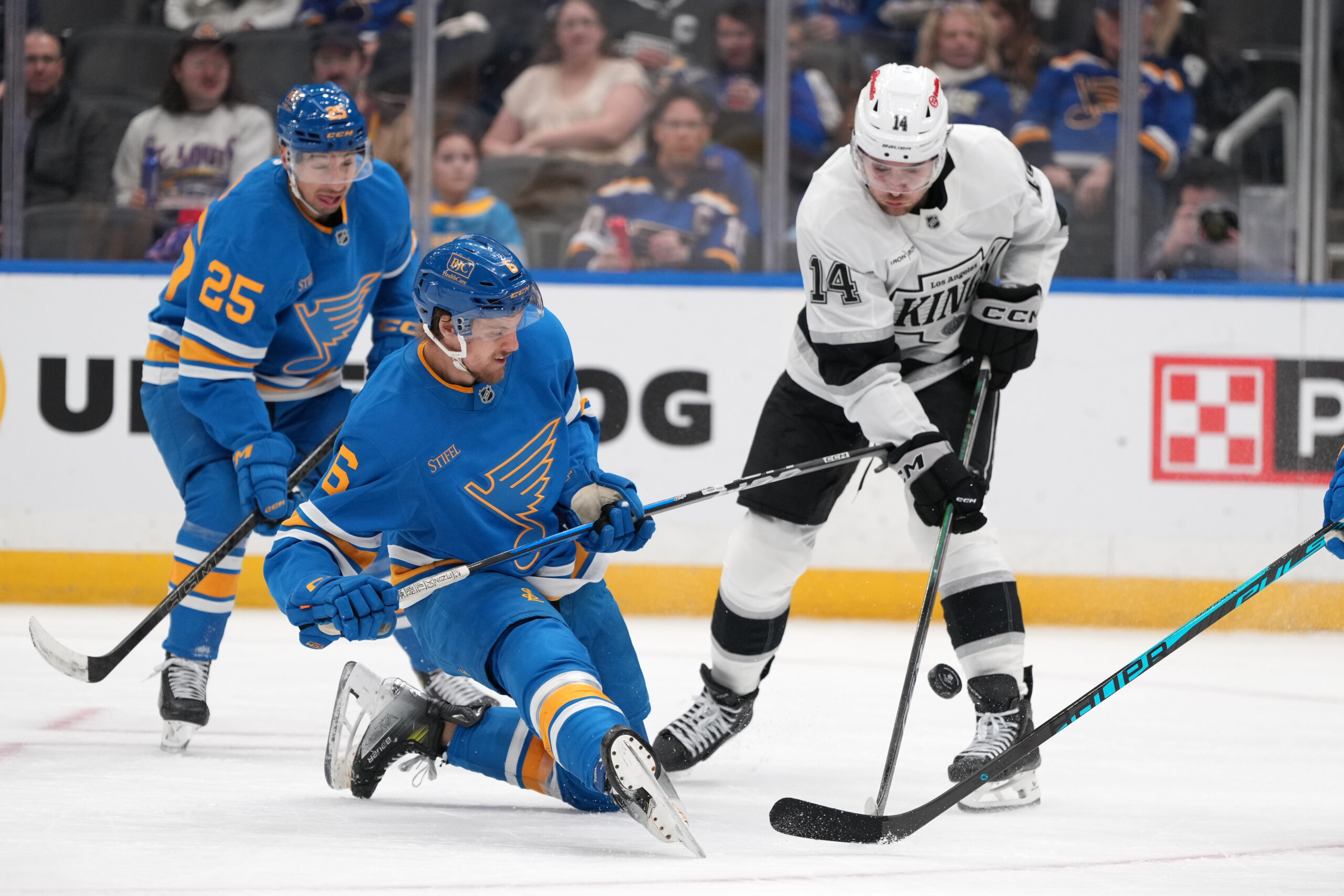 St. Louis Blues’ Philip Broberg (6) and Kings’ Alex Laferriere...
