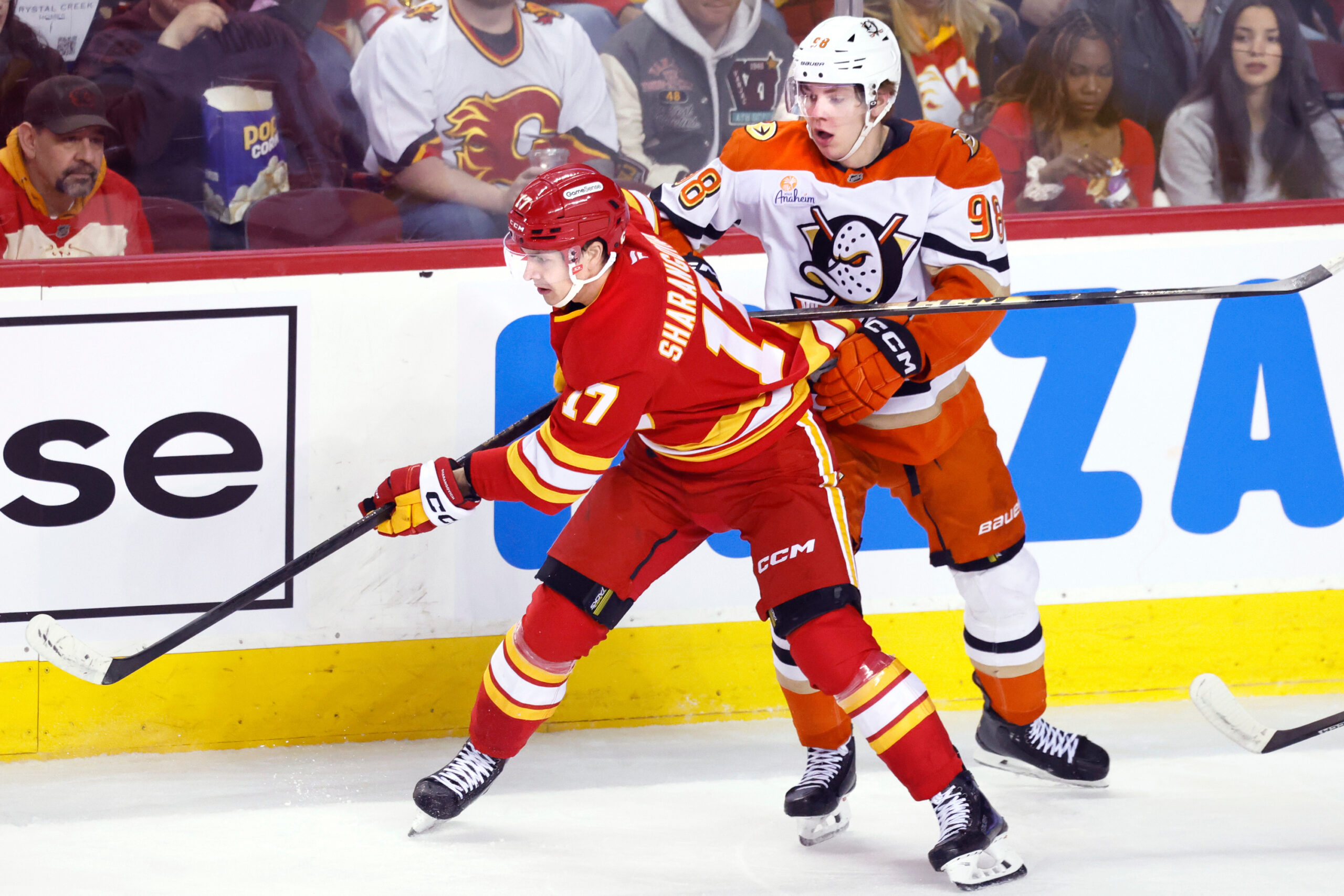 Ducks’ Pavel Mintyukov (98) and Calgary Flames’ Yegor Sharangovich, left,...