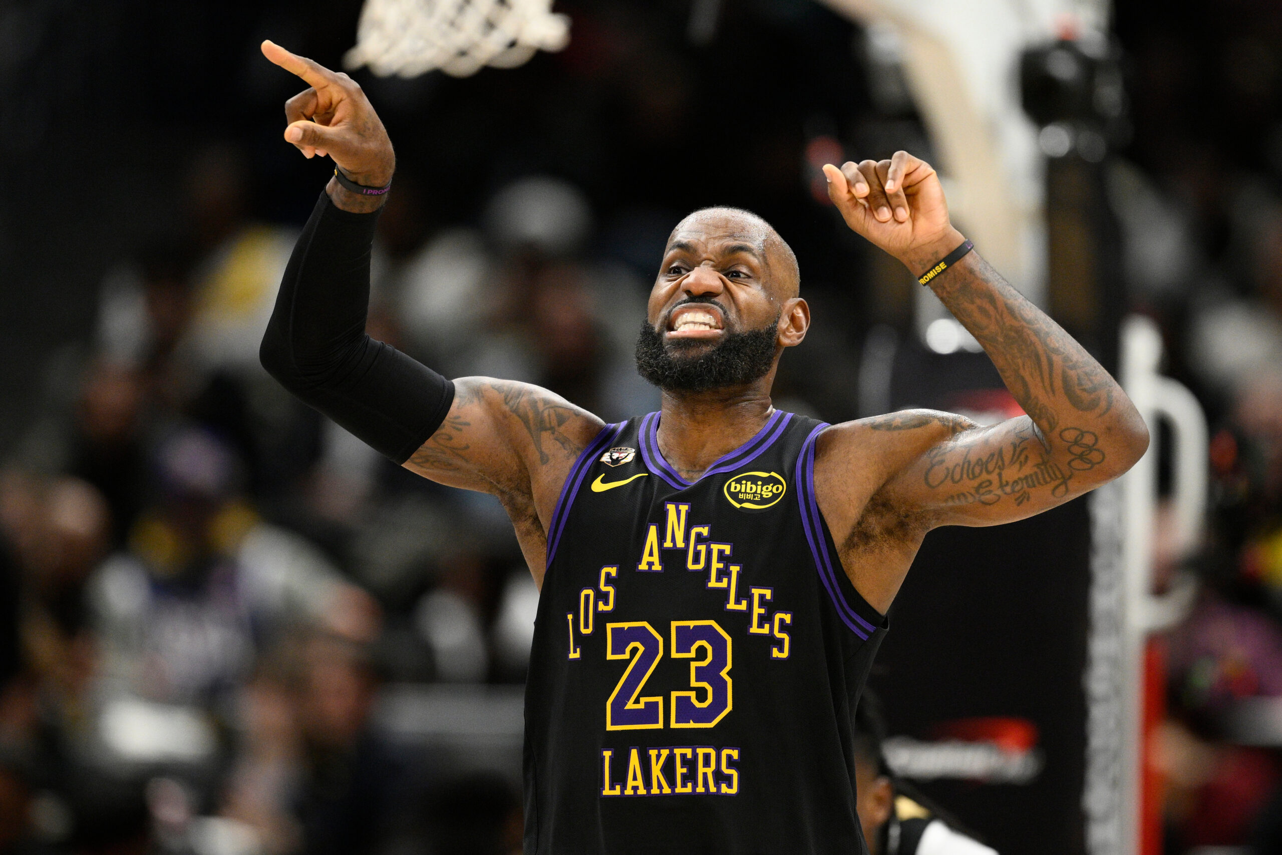Lakers star LeBron James gestures during the first half of...