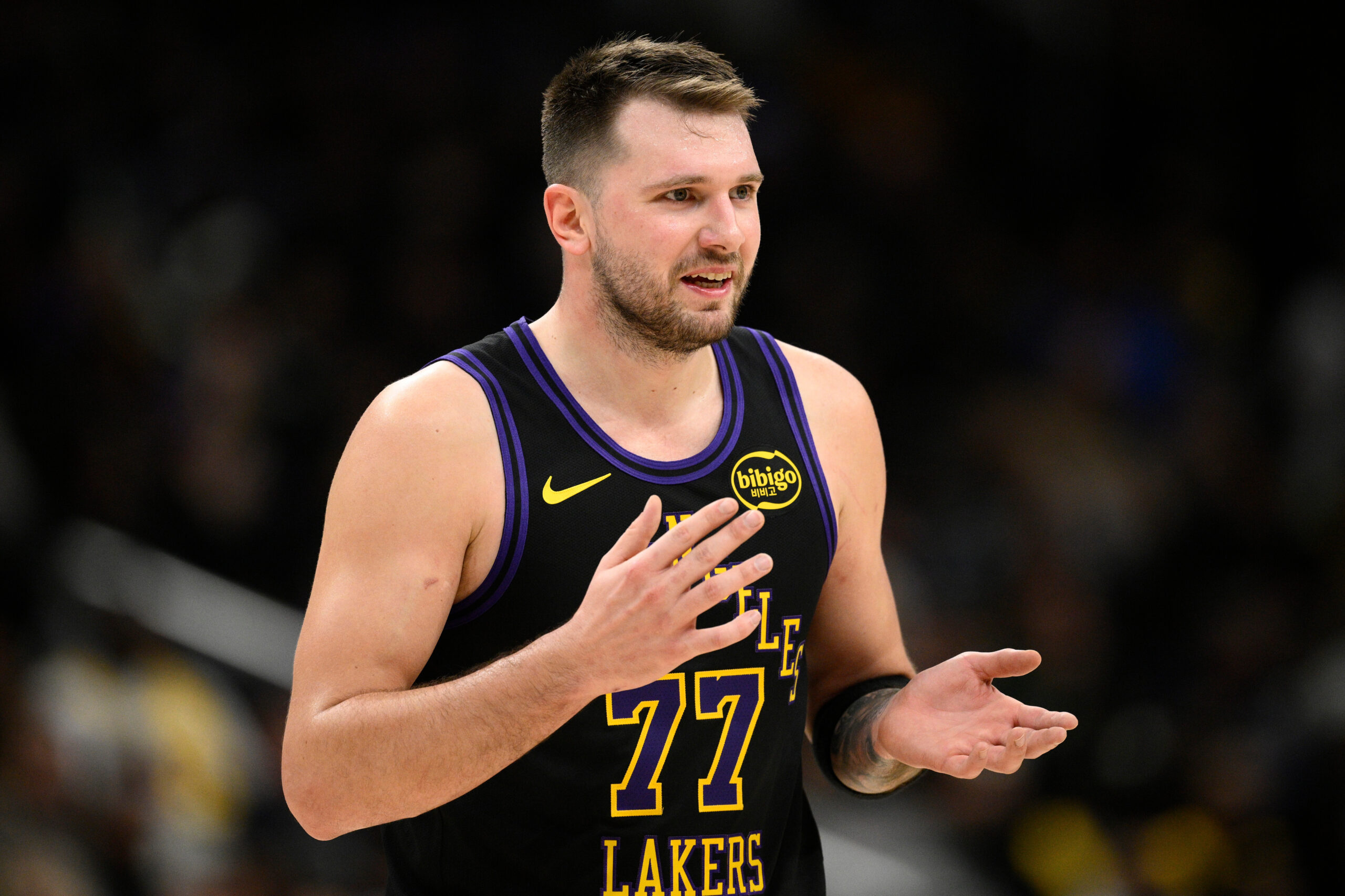 Lakers star Luka Doncic gestures during the second half of...