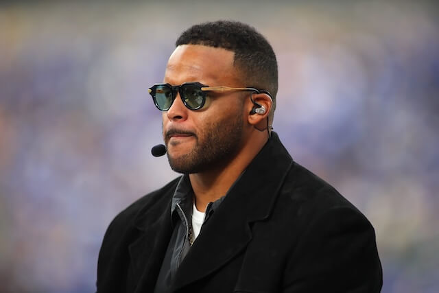 Former Pittsburgh Panther and retired NFL defensive tackle Aaron Donald speaks live as a special guest during the ESPN GameDay broadcast on the sidelines at Acrisure Stadium in Pittsburgh, PA prior to the start of the Pittsburgh Panthers vs Notre Dame Fighting Irish game on November 15, 2025. Aaron Donald, Rams