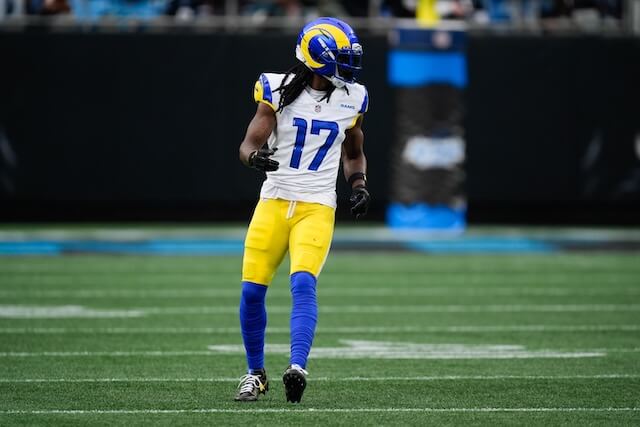 Nov 30, 2025; Charlotte, North Carolina, USA; Los Angeles Rams wide receiver Davante Adams (17) looks on during the first quarter against the Carolina Panthers at Bank of America Stadium. Mandatory Credit: Jim Dedmon-Imagn Images Davante Adams, Rams
