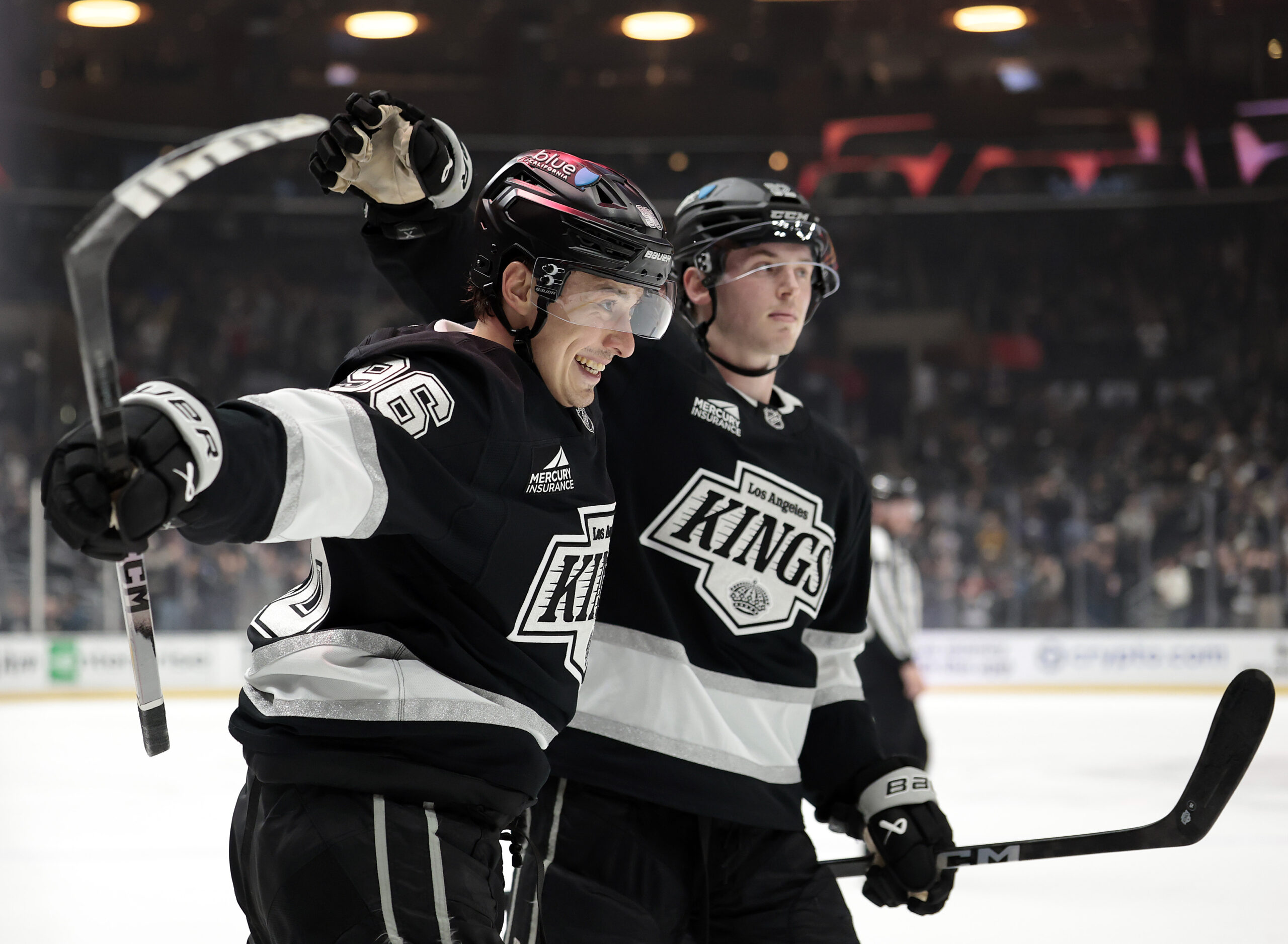 Andrei Kuzmenko, left, celebrates a goal with Brandt Clarke during...