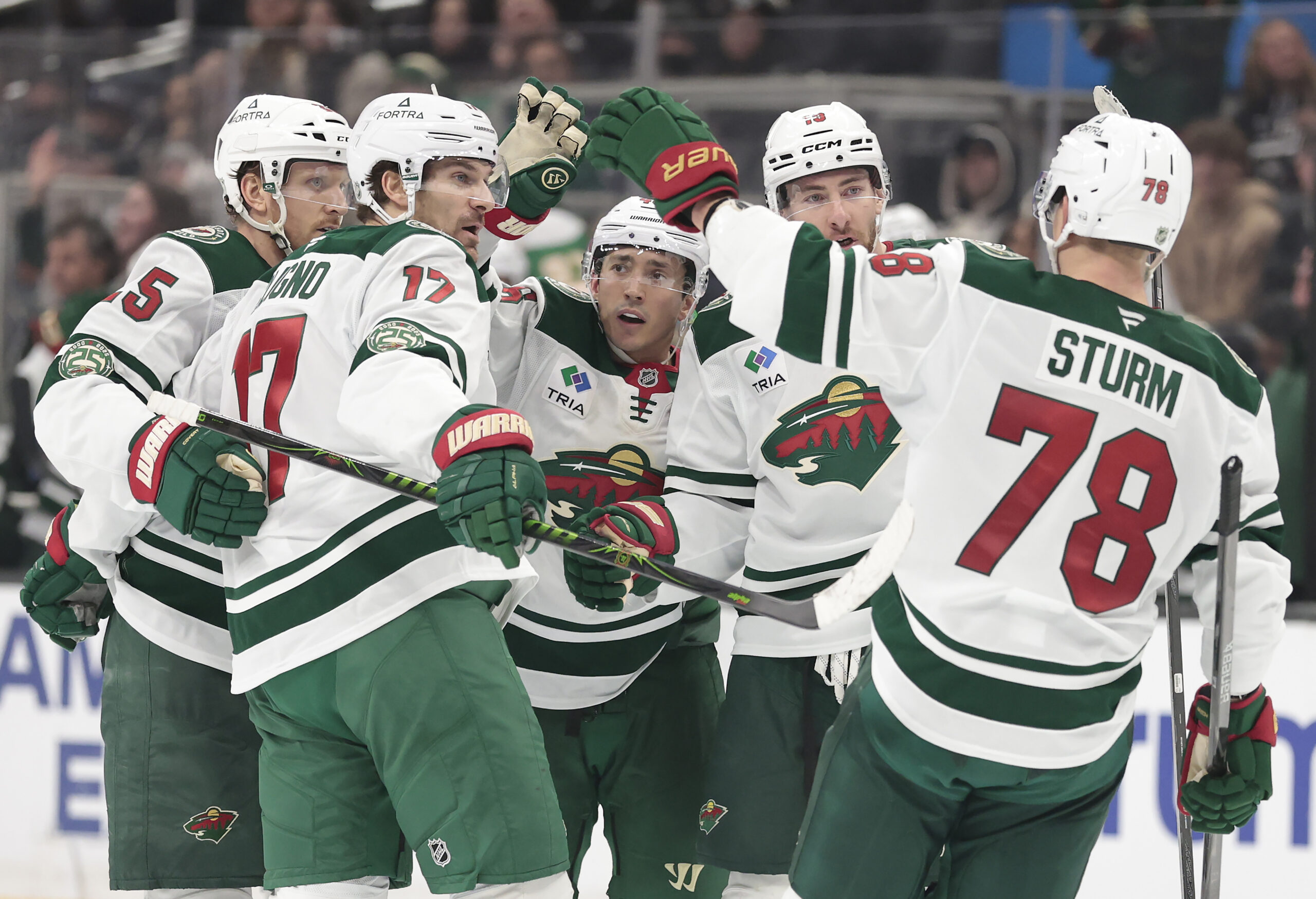 Minnesota Wild players celebrate a goal during the third period...