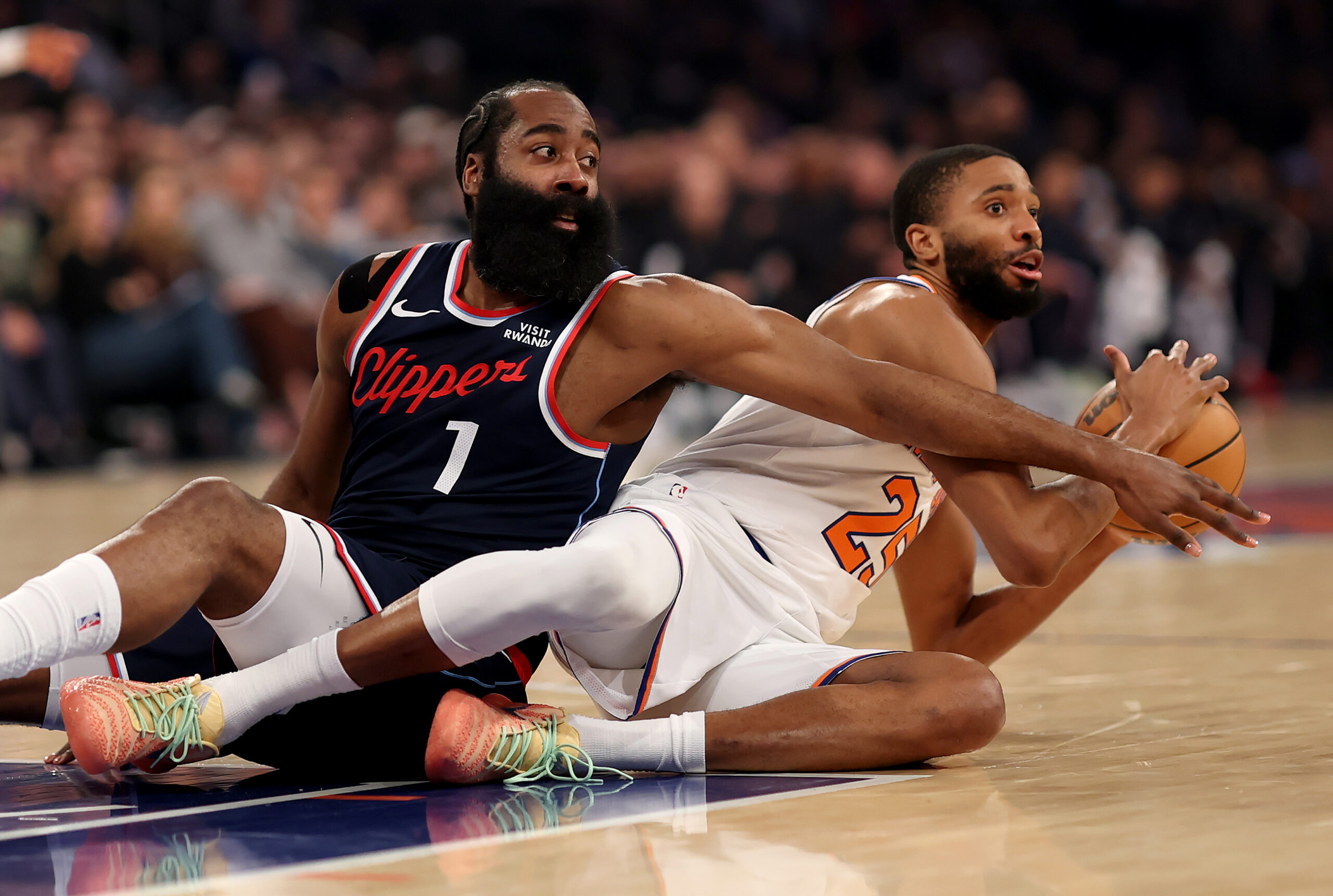 Clippers star James Harden, left, and the New York Knicks’...