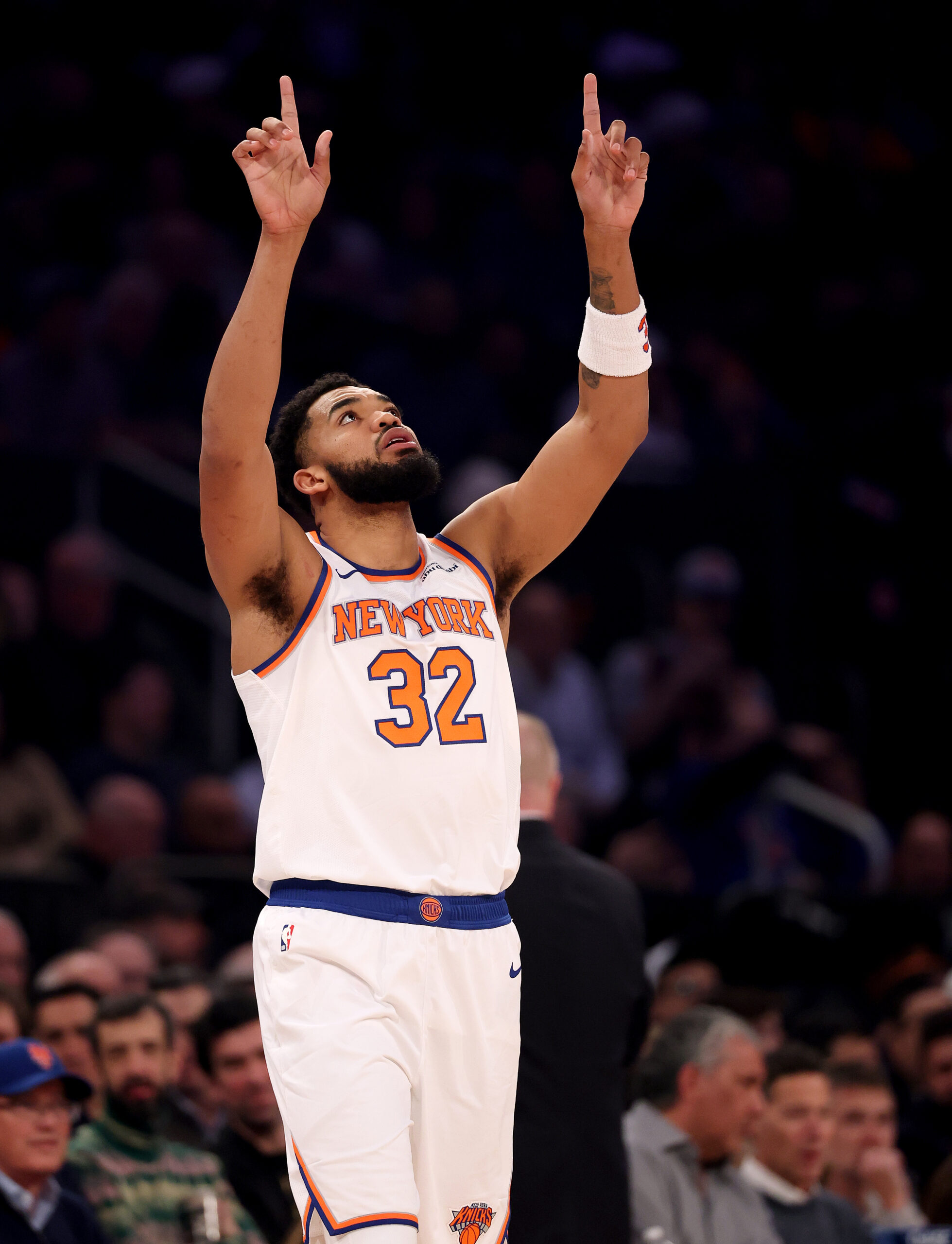 New York Knicks star Karl-Anthony Towns gestures as he takes...