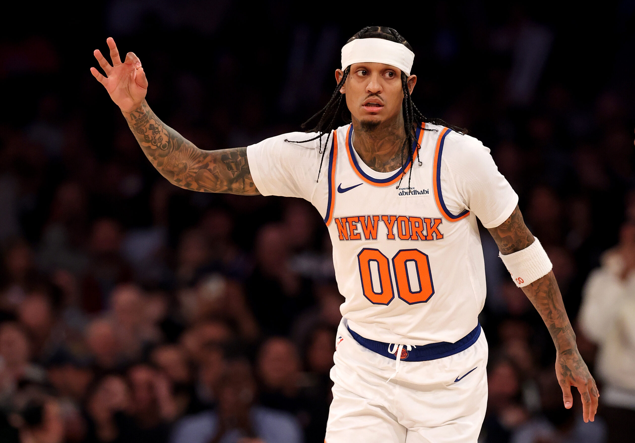 New York Knicks guard Jordan Clarkson gestures after making a...