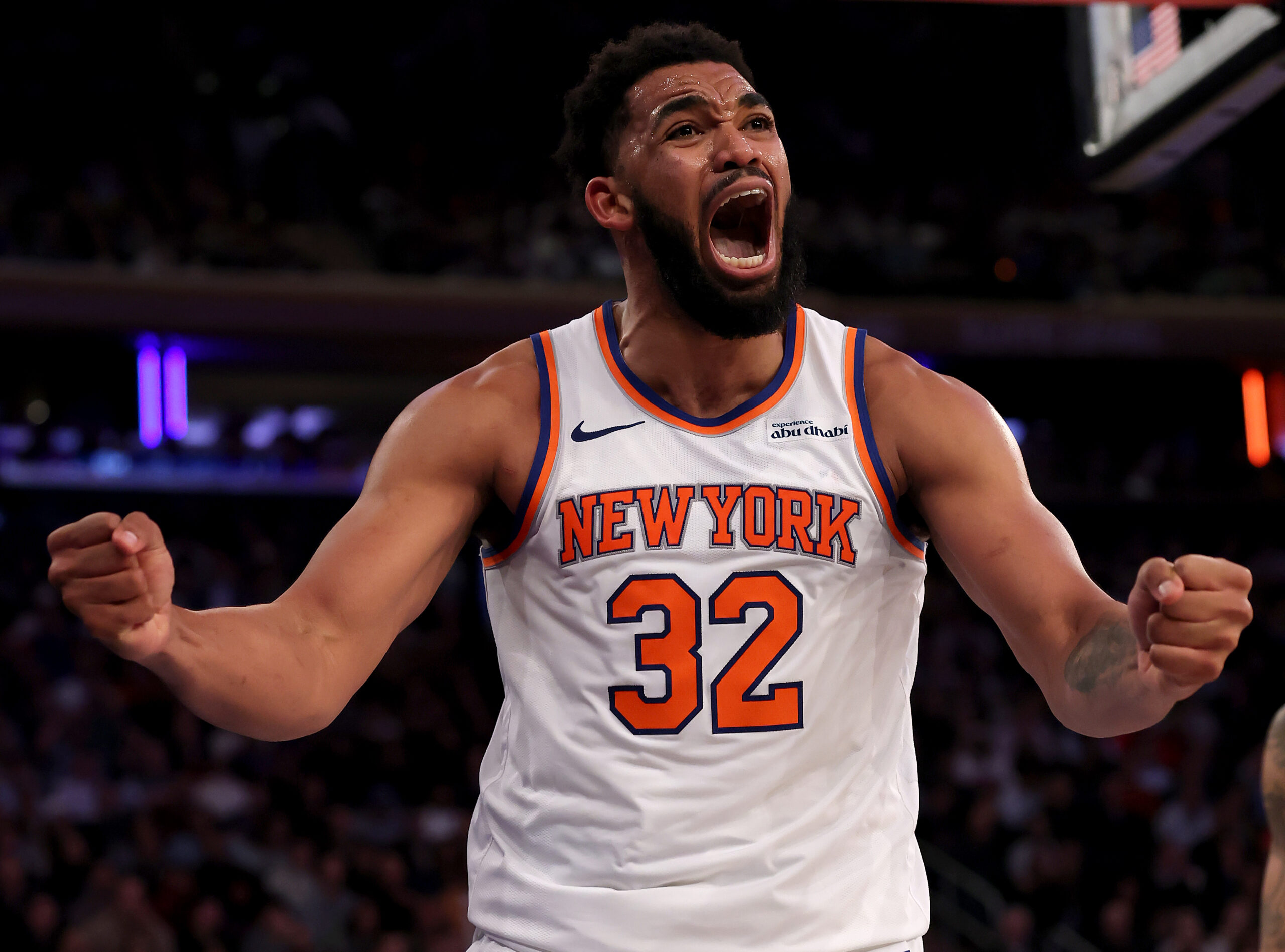 New York Knicks star Karl-Anthony Towns reacts during the second...