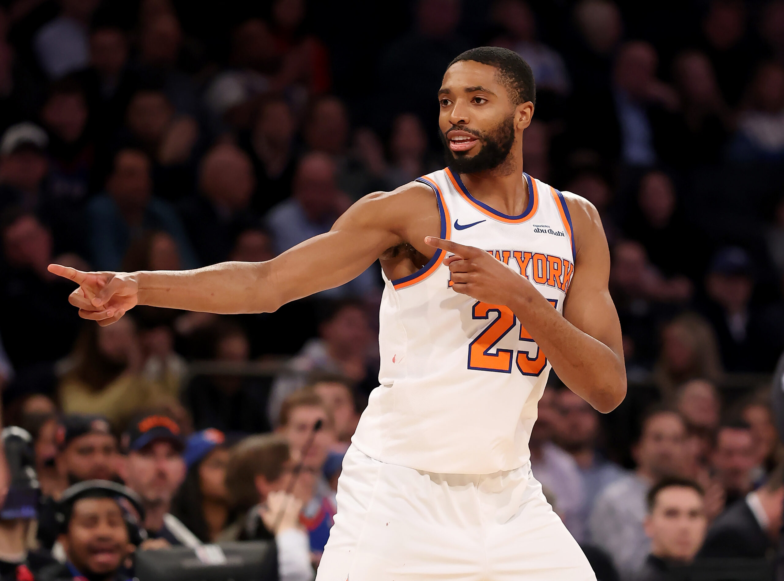 The New York Knicks’ Mikal Bridges celebrates after making a...
