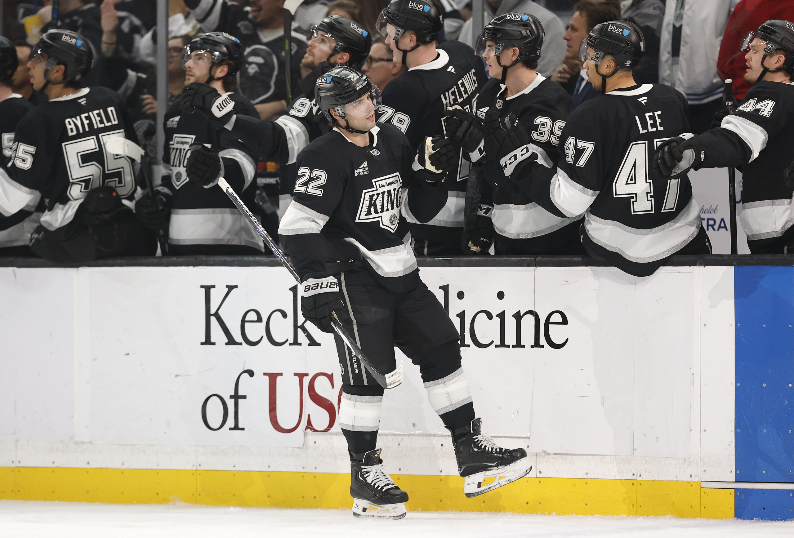 The Kings’ Kevin Fiala celebrates a goal with teammates on...