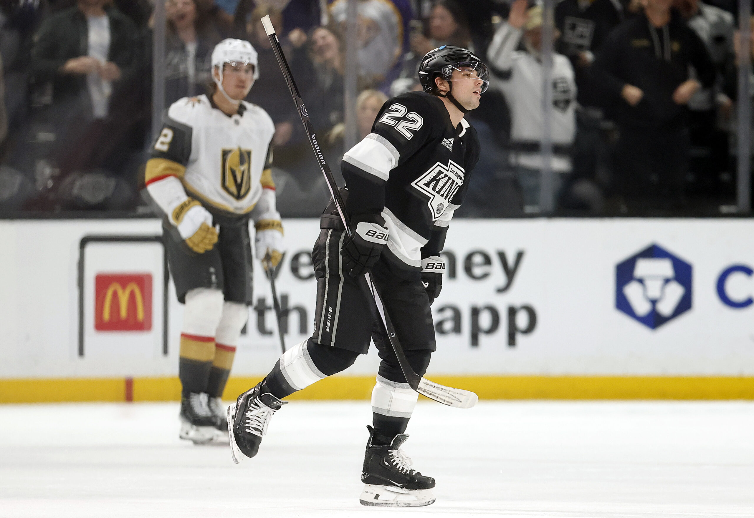 The Kings’ Kevin Fiala celebrates after scoring a goal during...