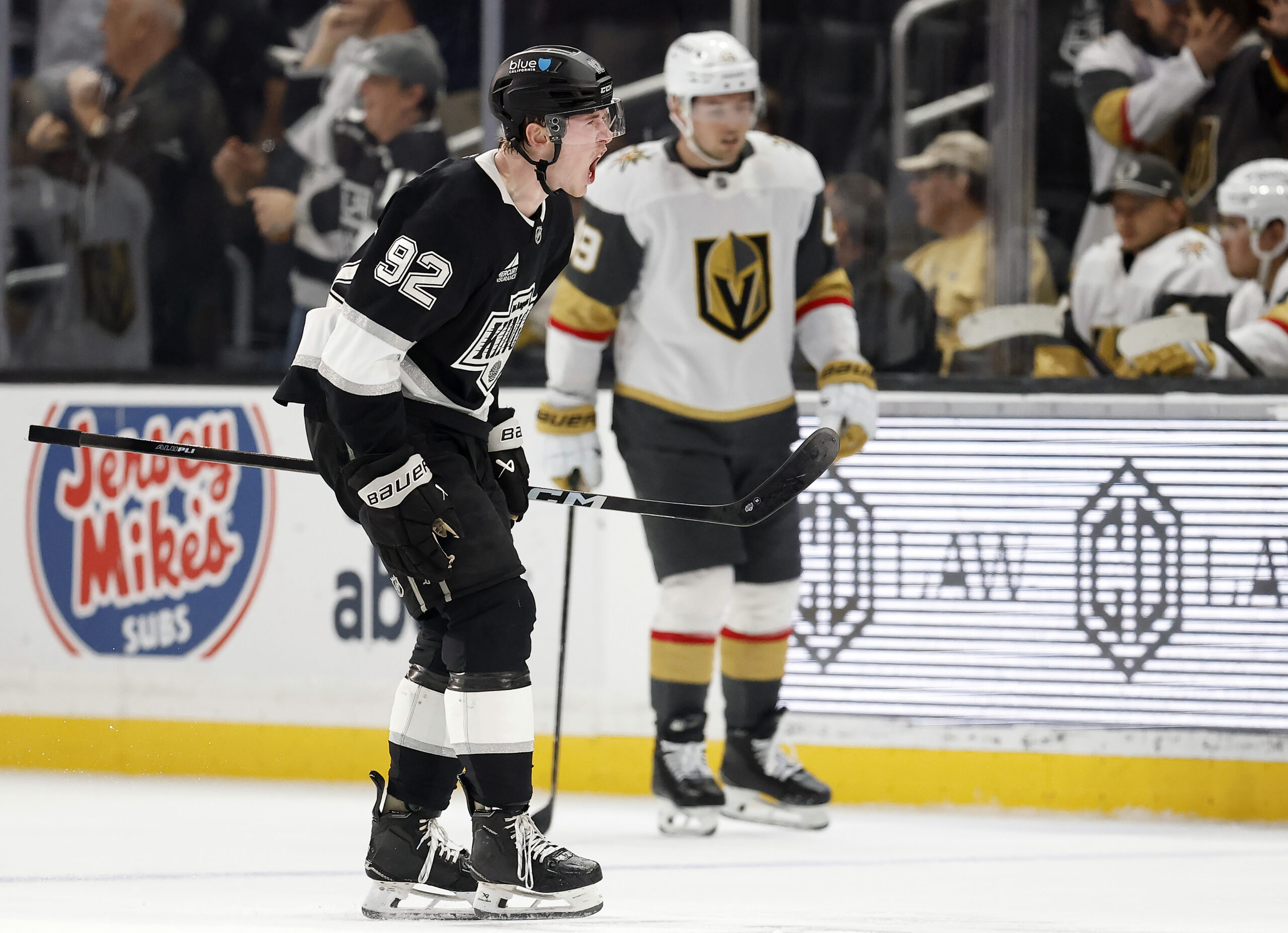 The Kings’ Brandt Clarke celebrates after he scored a game-tying...
