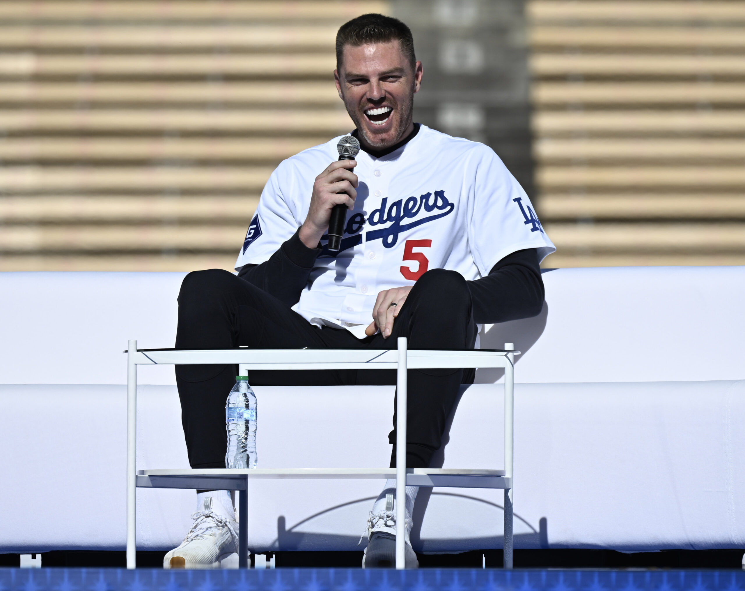 Freddie Freeman #5 of the Los Angeles Dodgers laughs during...