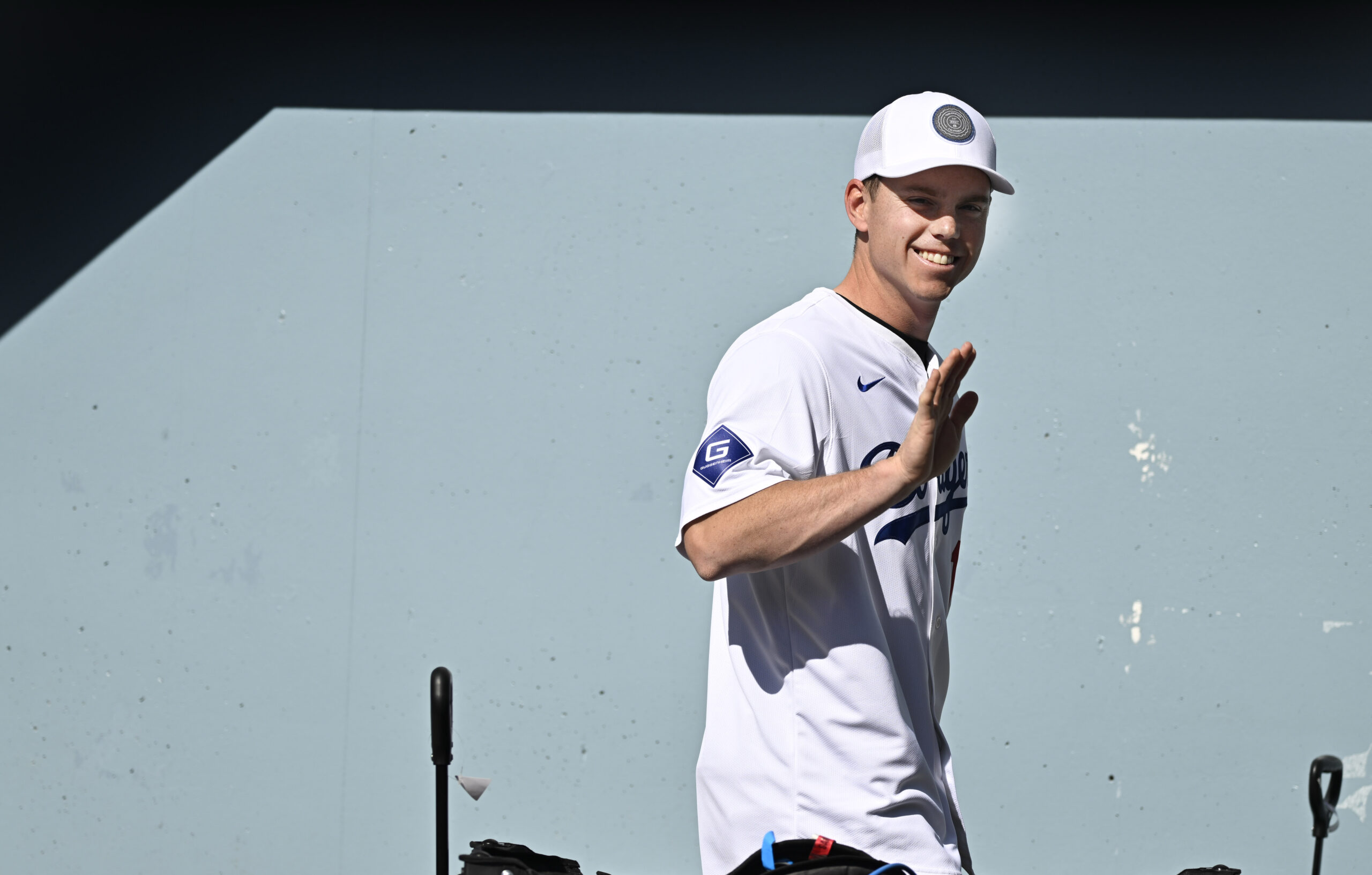 Will Smith of the Los Angeles Dodgers smiles during the...