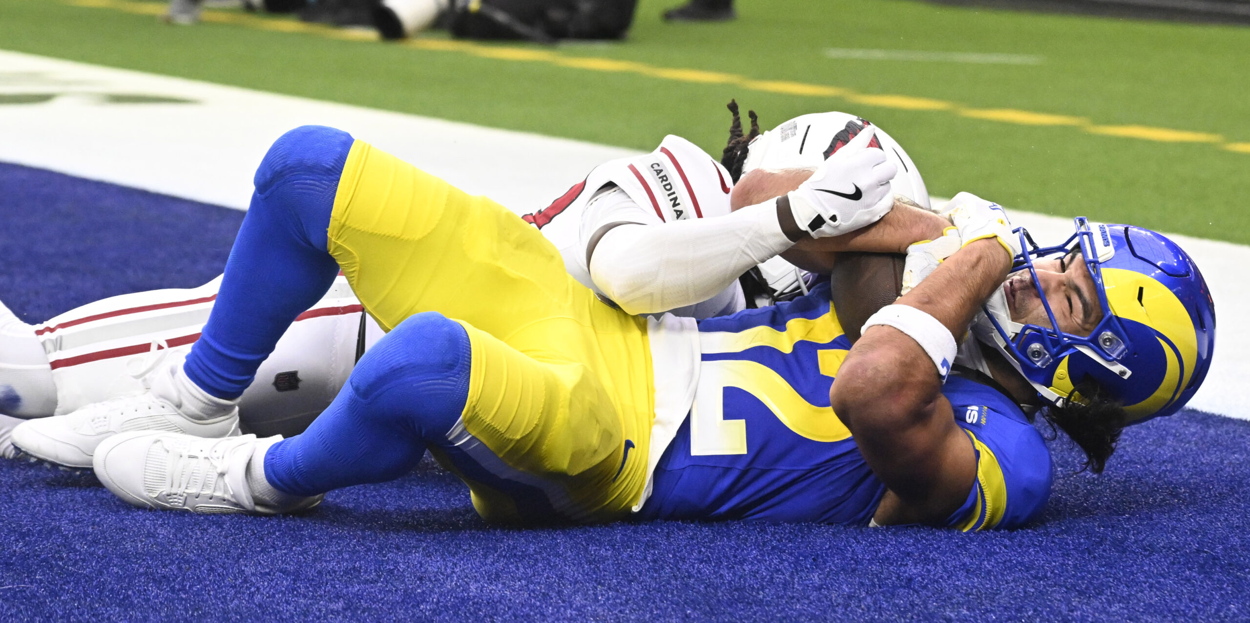 Rams wide receiver Puka Nacua #12 catches a pass in...