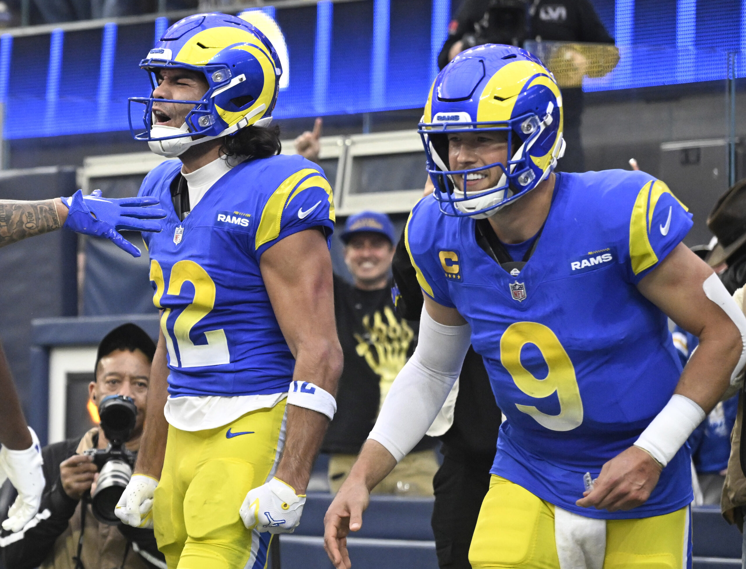 Rams wide receiver Puka Nacua #12 reacts with temmate Los...